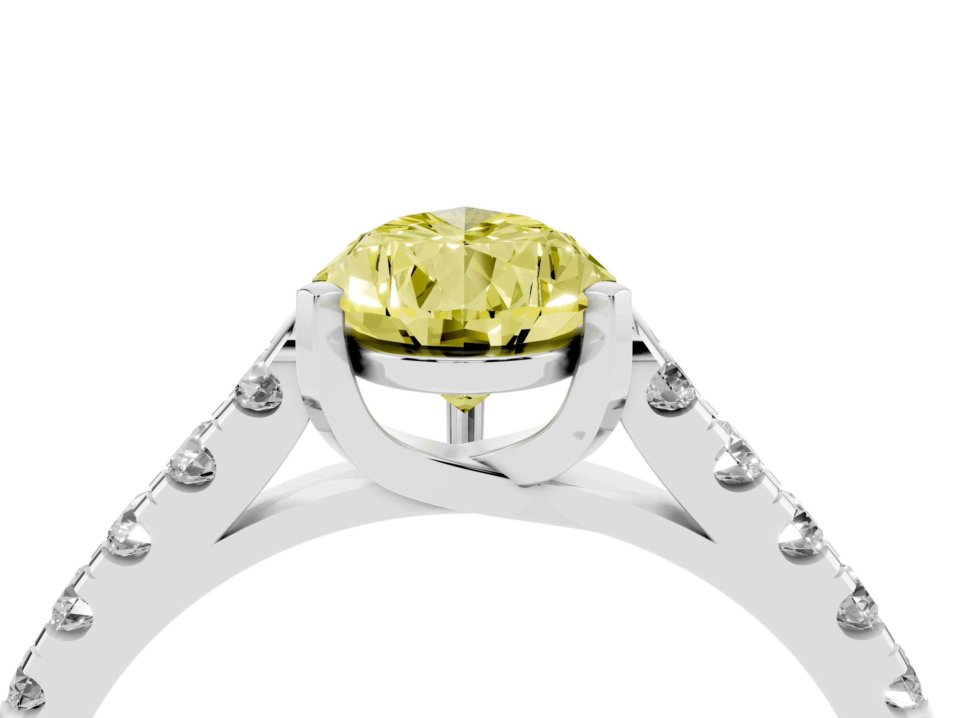 Fancy Yellow Pear Cut Diamond Pavé Band Solitaire Ring Set in White gold with Partway Accent Stones and Prong Setting