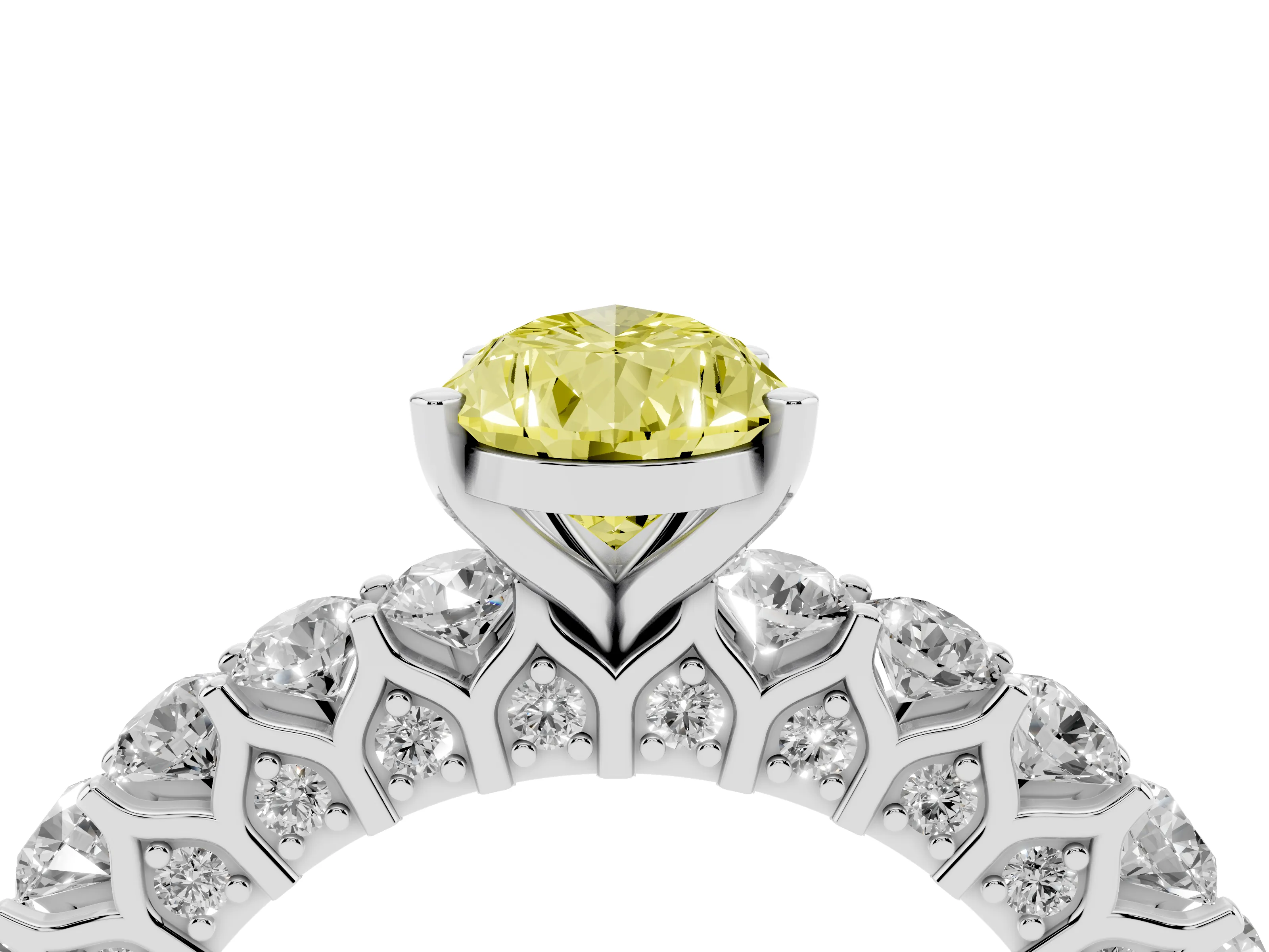Fancy Yellow Pear Cut Diamond Solitaire Ring Set in Silver with Shared Prong Pavé Band