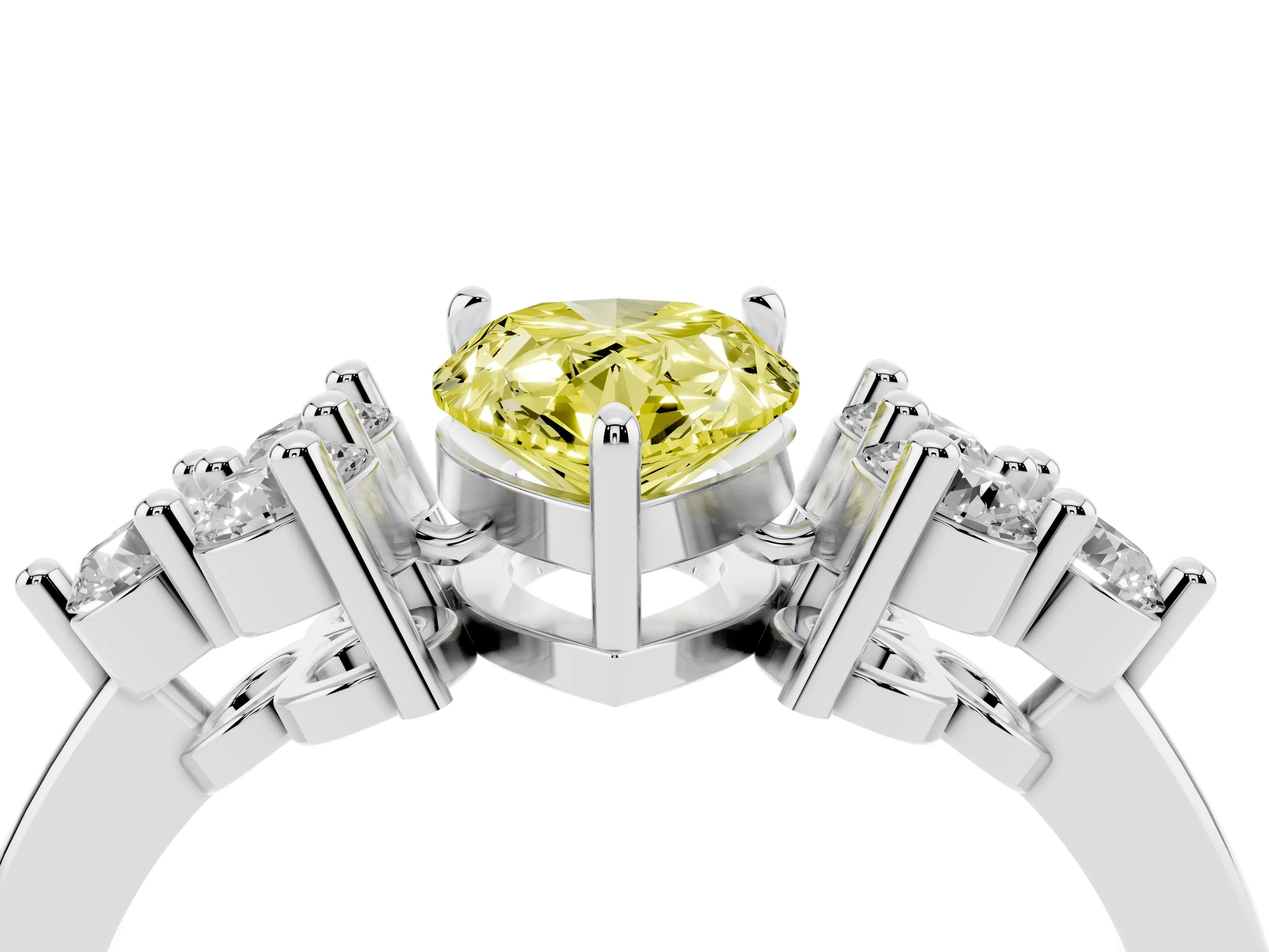 Fancy Yellow Pear Cut Diamond Solitaire Ring Set in Silver with Cluster Accents on Each Side