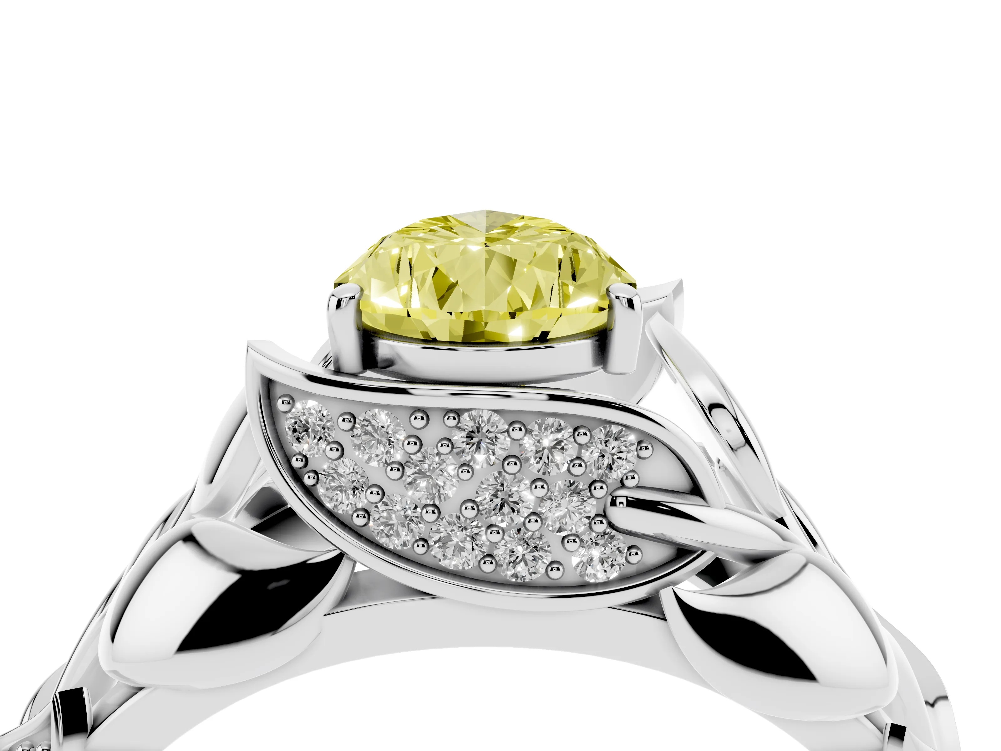 Fancy Yellow Pear Cut Diamond Leaf-Inspired Engagement Ring Set in Platinum with Round Accents