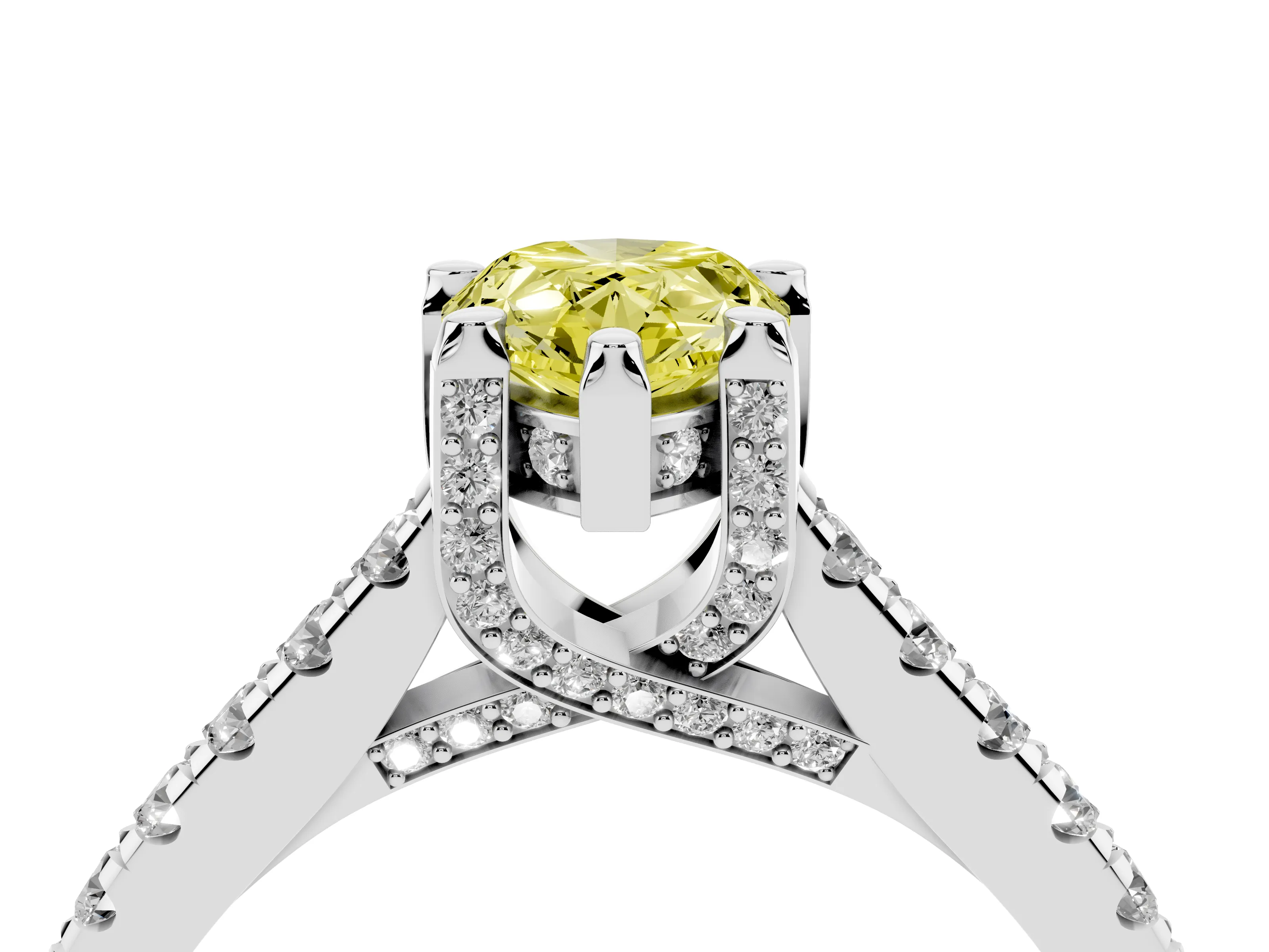 Fancy Yellow Pear Cut Diamond Solitaire Ring Set in Platinum with Brilliant Pavé Band and Prong Setting