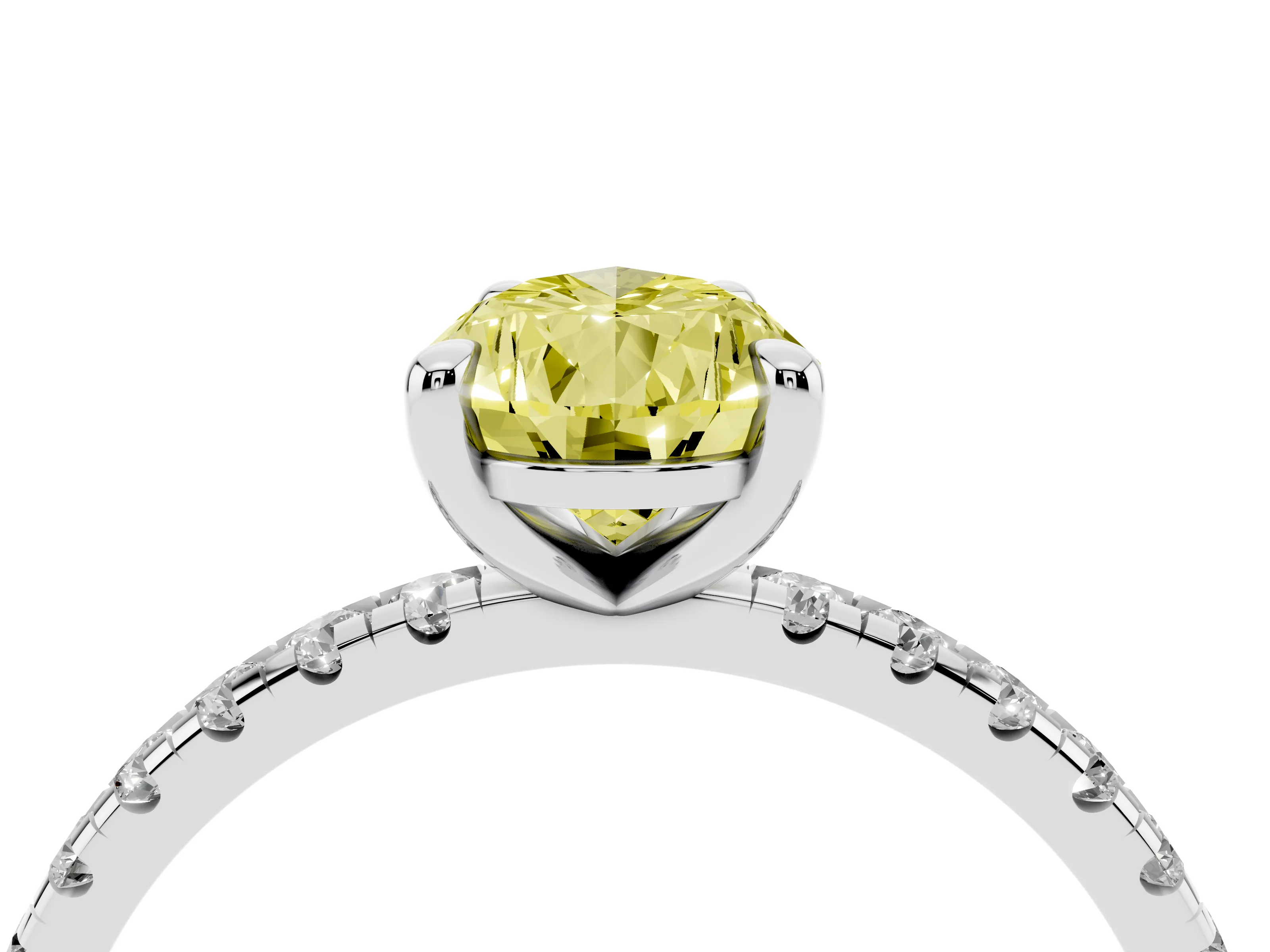 Fancy Yellow Pear Cut Diamond Brilliant Solitaire Ring Set in White gold with Pavé Band and Prong Setting