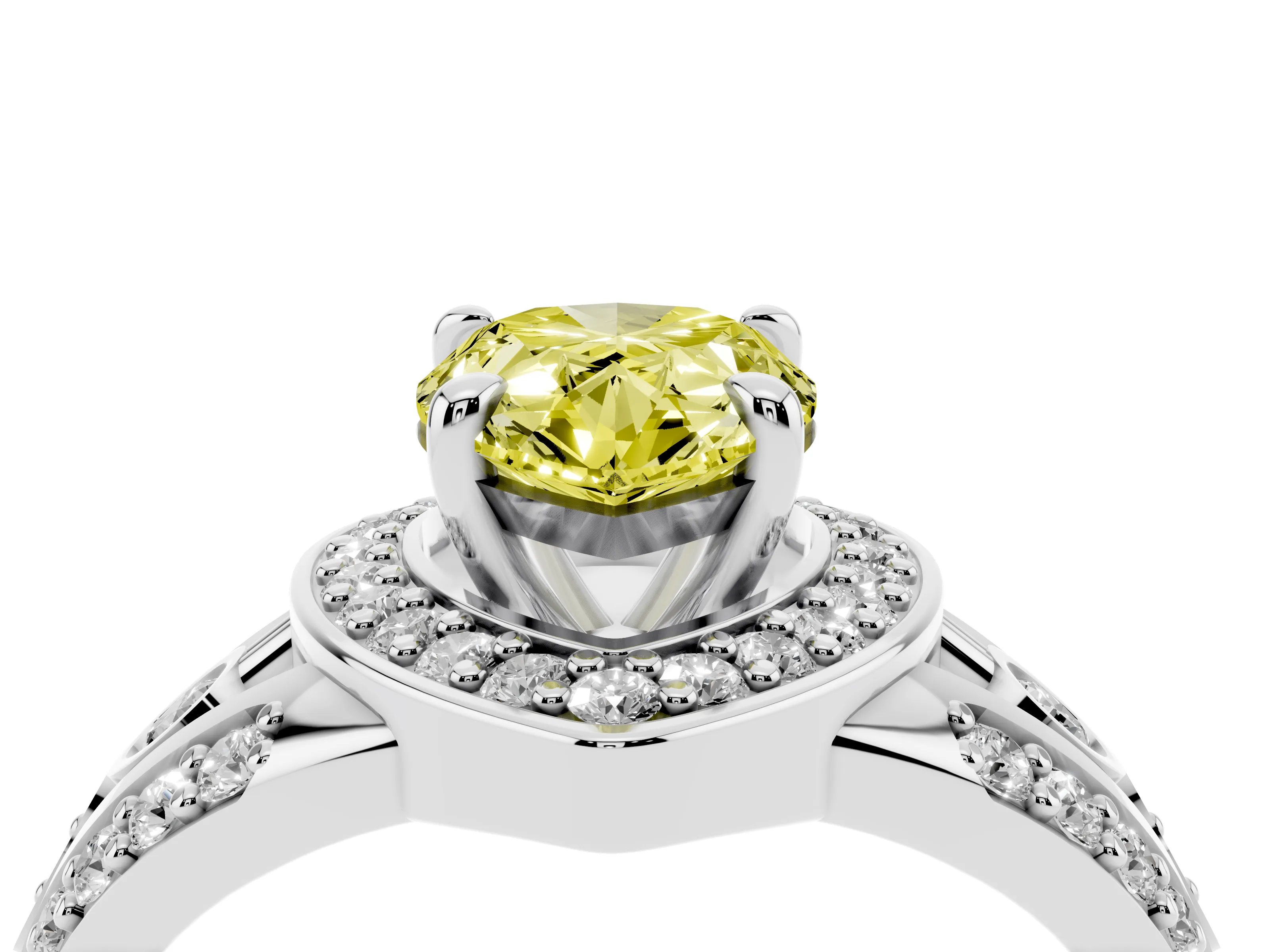 Fancy Yellow Pear Cut Diamond Halo Ring Set in Silver with Pavé Split Shank and Bezel Accents