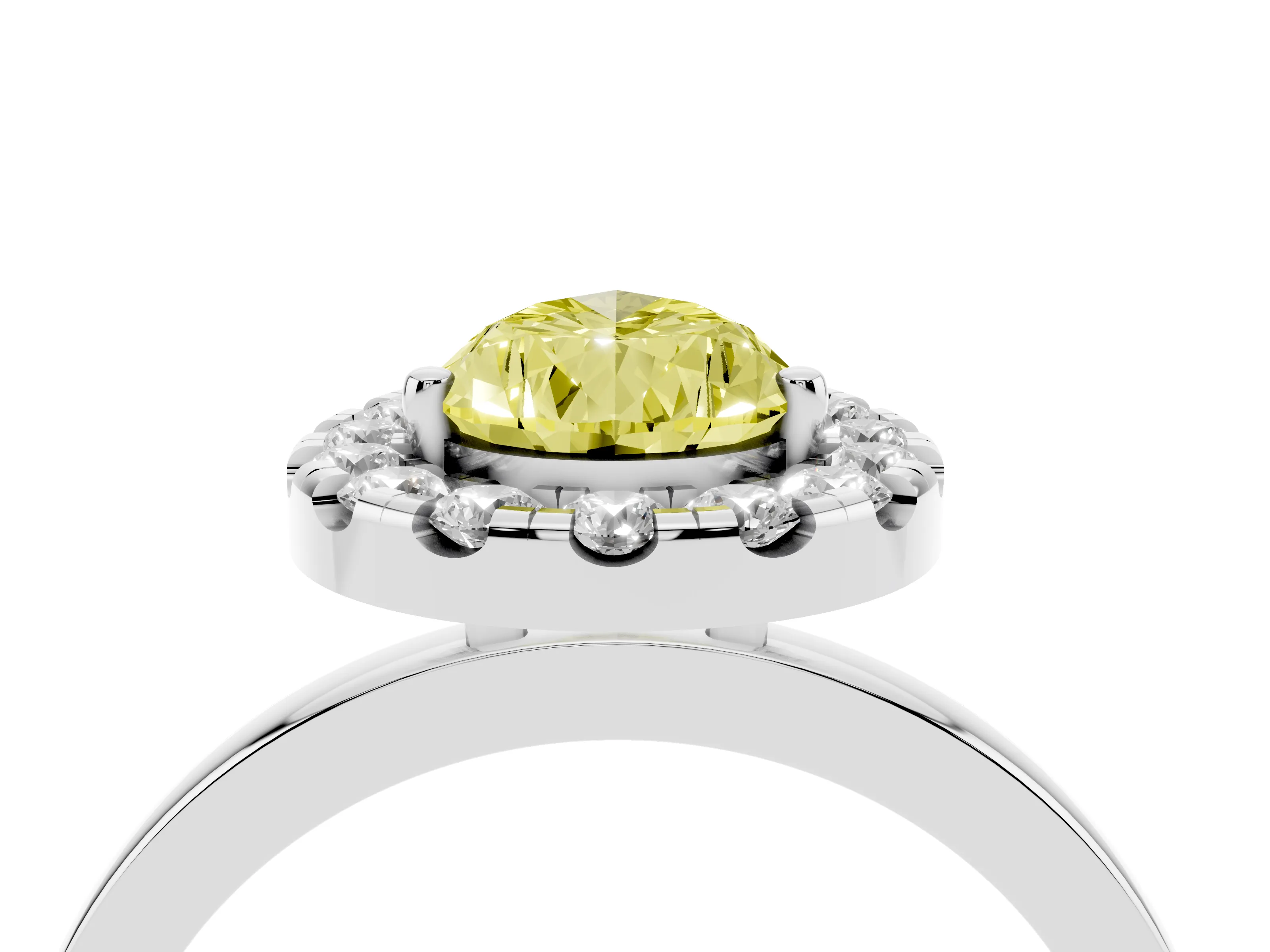 Fancy Yellow Pear Cut Diamond Halo Solitaire Ring Set in White gold with Pavé Band and Prong Setting