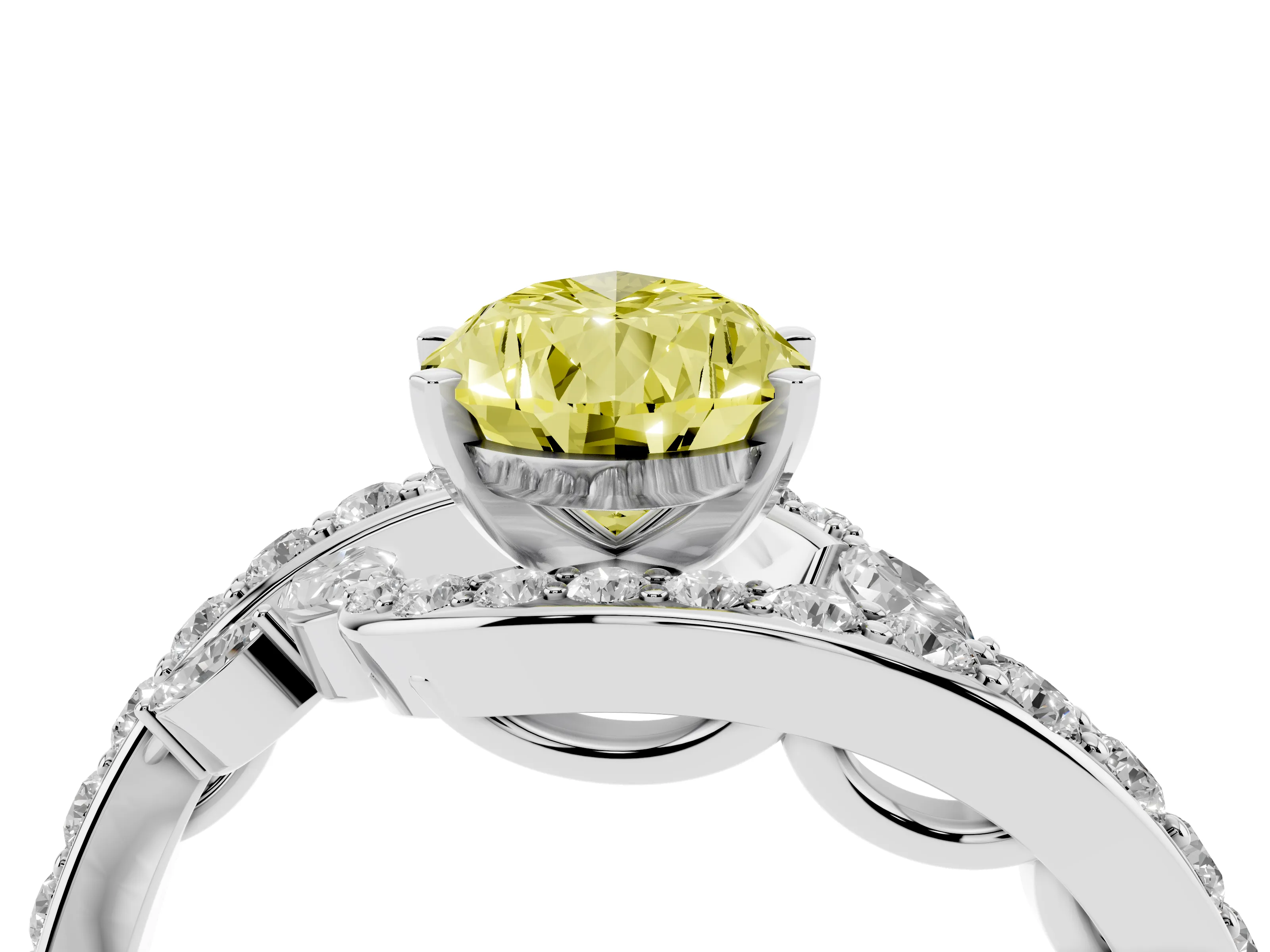 Fancy Yellow Pear Cut Diamond Solitaire Ring Set in White gold with Pavé Twist Band and Secure Prong Setting