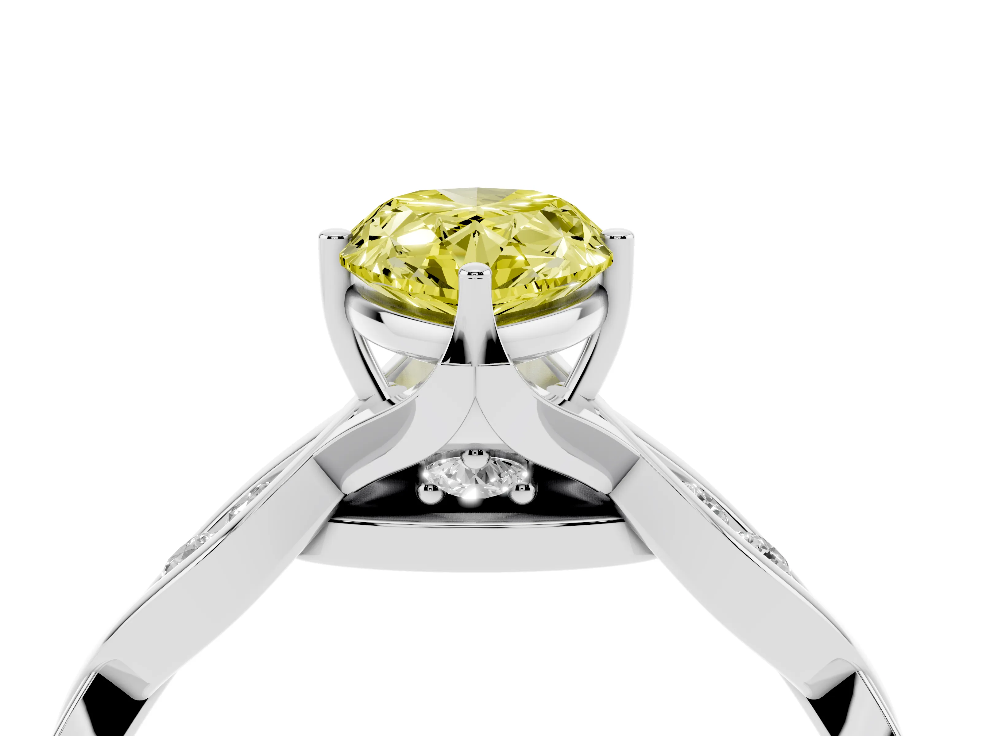Fancy Yellow Pear Cut Diamond Twist Band Solitaire Ring Set in Platinum with Leaf Prong Setting and Accent Stones