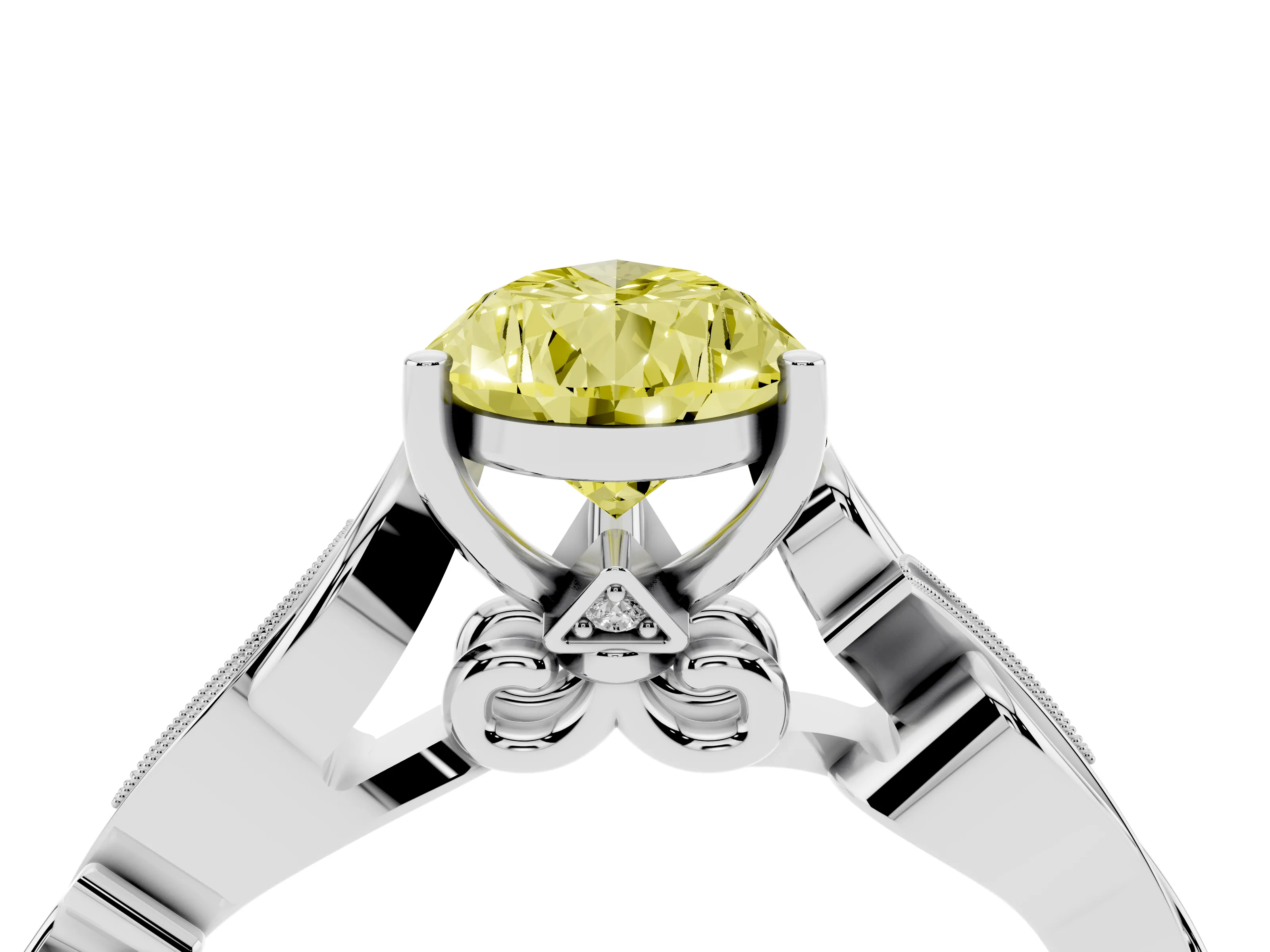Fancy Yellow Pear Cut Diamond Vine Band Solitaire Ring Set in White gold with Milgrain Prong Setting