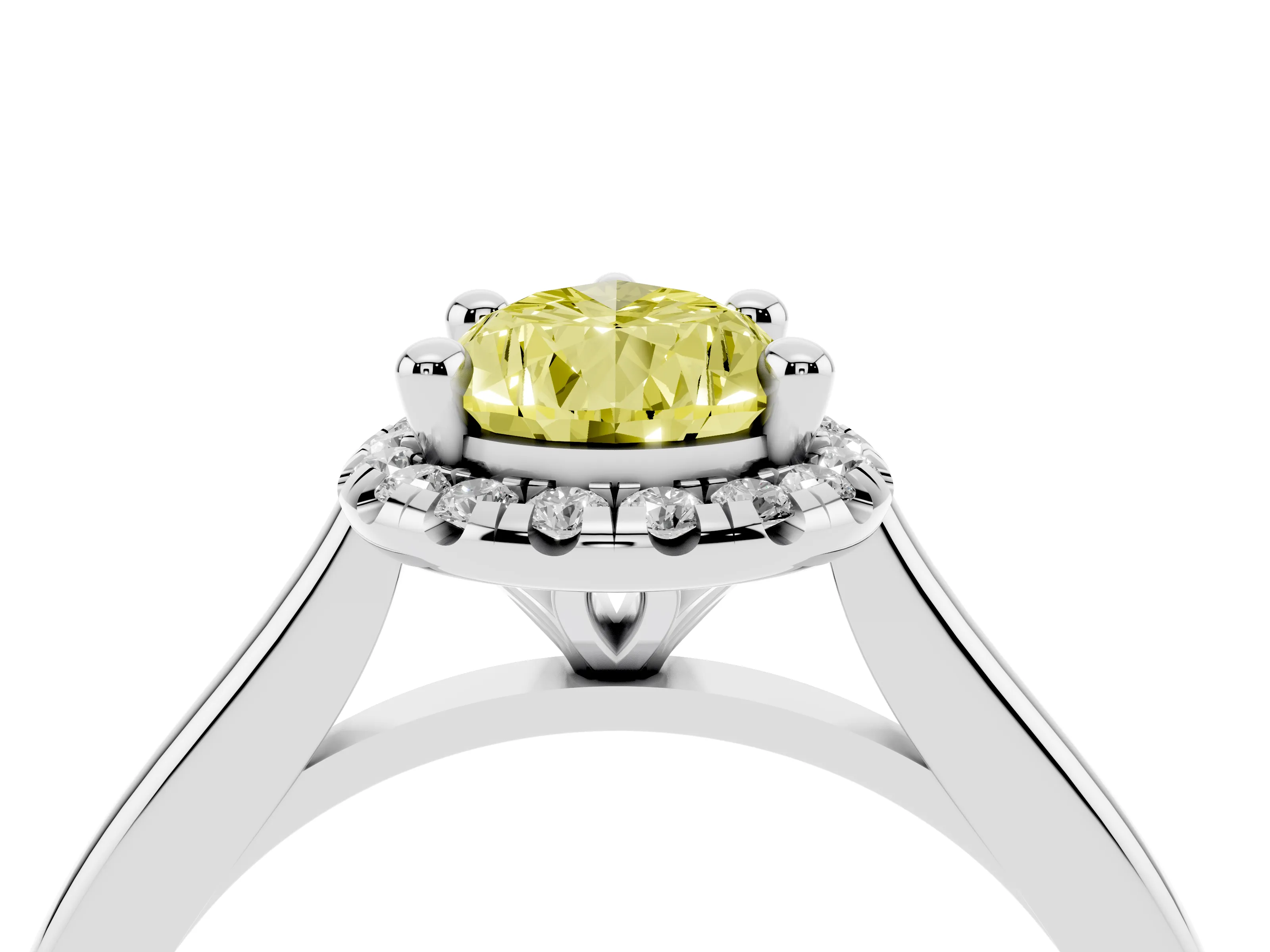 Fancy Yellow Pear Cut Diamond Halo Engagement Ring Set in White gold with Pavé Band and Rising Shoulders