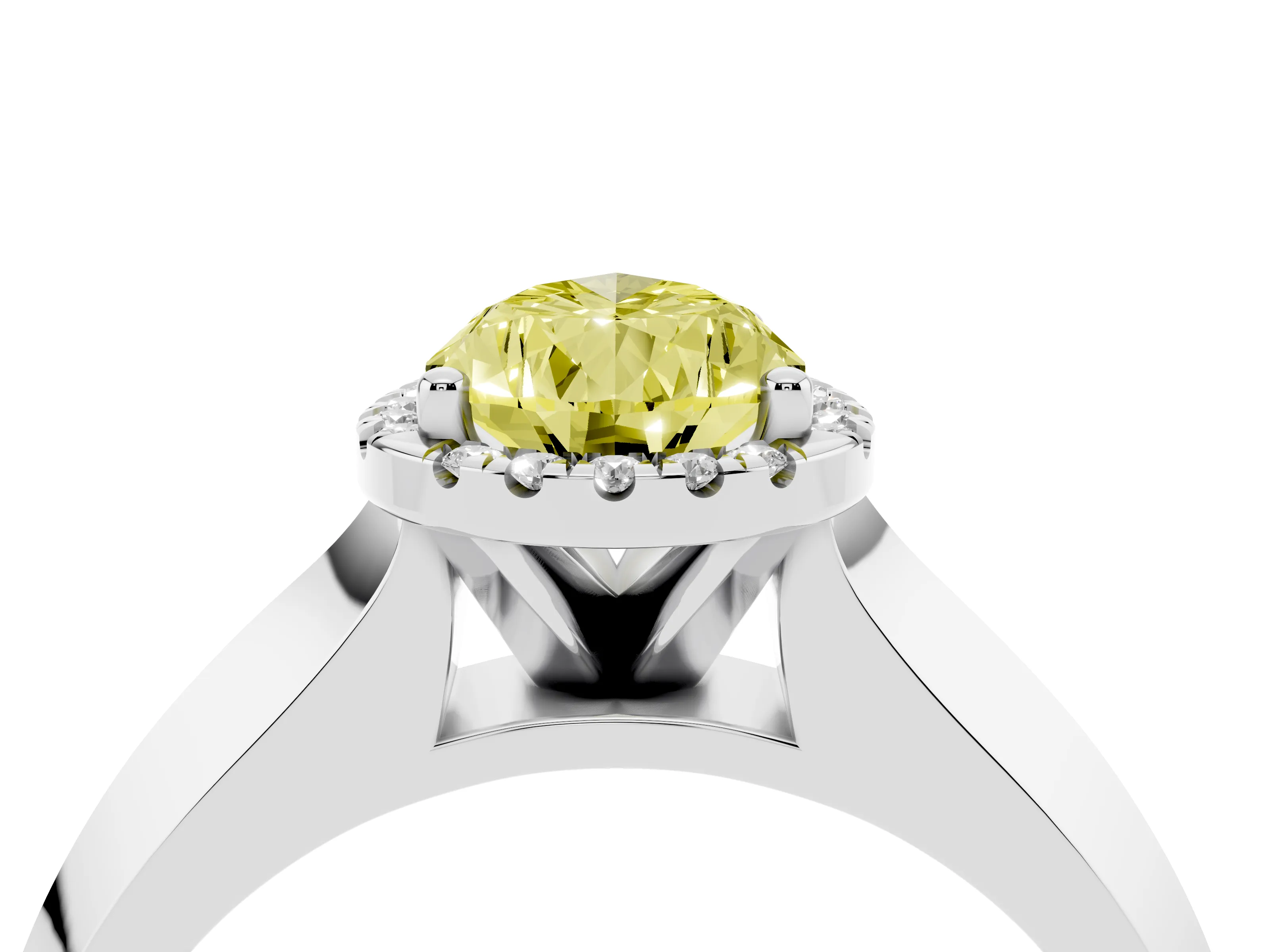 Fancy Yellow Pear Cut Diamond Halo Ring Set in White gold with Cathedral Band and Prong Setting