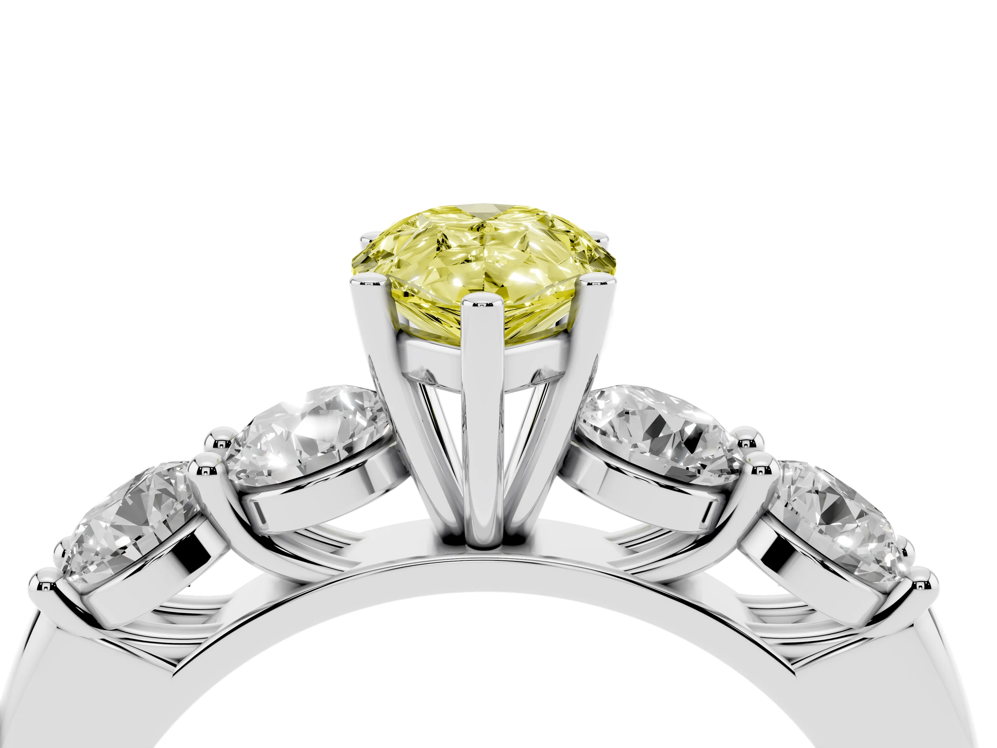 Fancy Yellow Pear Cut Diamond Five-Stone Prong Set Ring Set in White gold with Classic Band