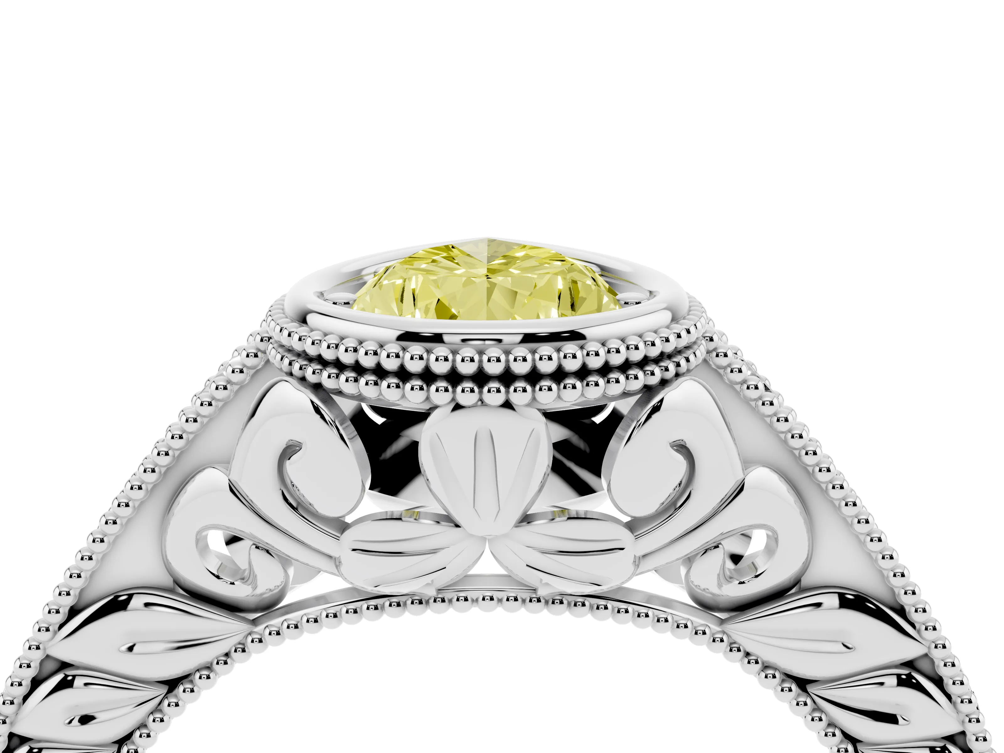 Fancy Yellow Bezel Set Pear Cut Diamond Milgrain Pavé Engagement Ring Set in Silver