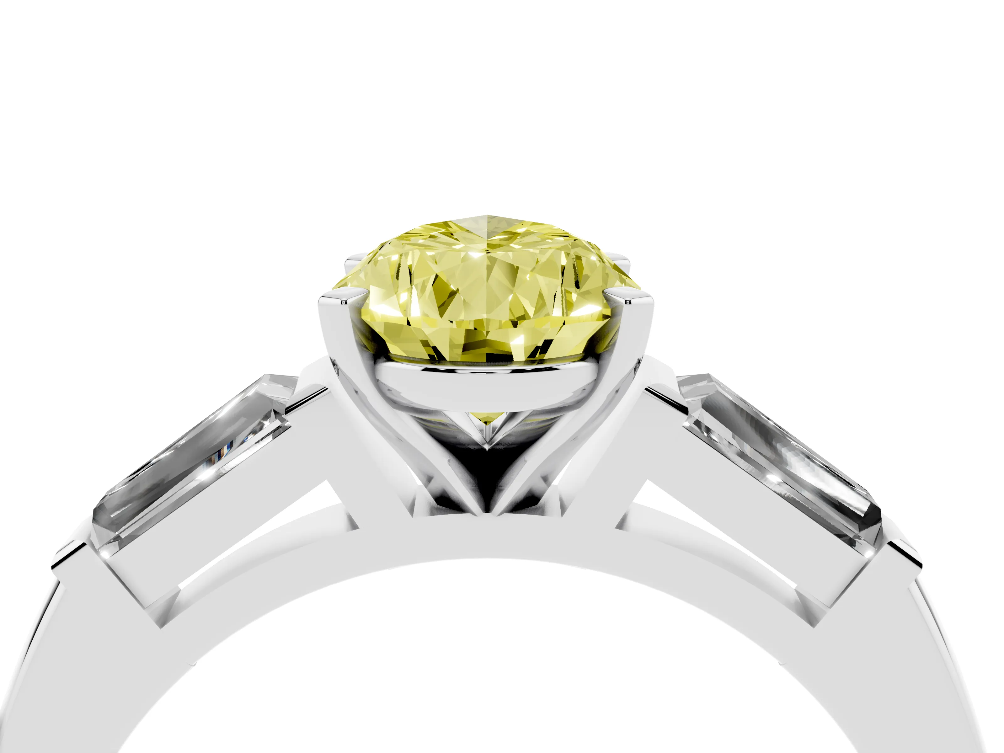 Fancy Yellow Pear Cut Diamond Solitaire Ring Set in White gold with Tapered Baguette Side Stones and Prong Setting