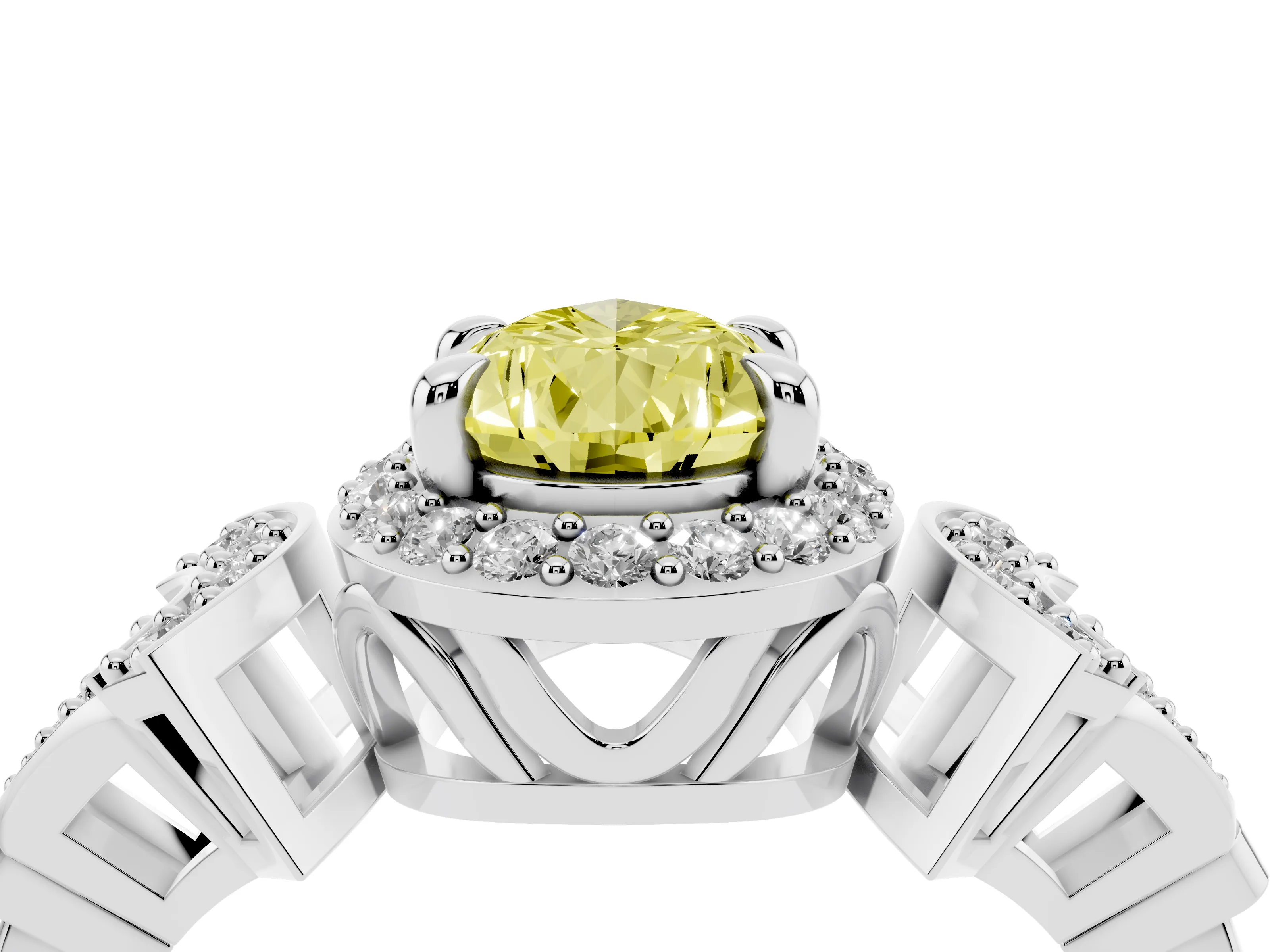 Fancy Yellow Pear Cut Diamond Halo Engagement Ring Set in Silver with Accent Stone Split Shank