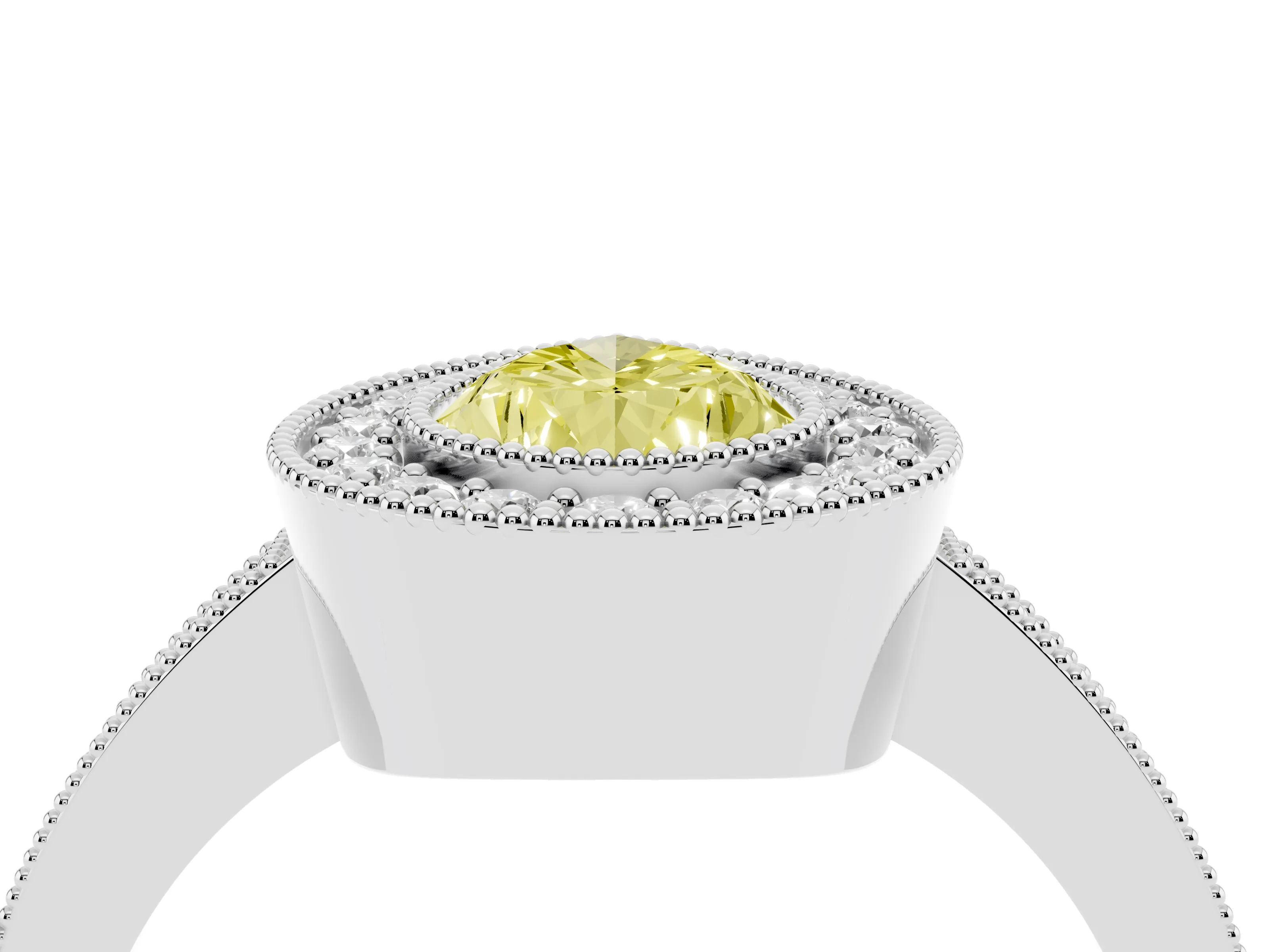 Fancy Yellow Pear Cut Diamond Halo Engagement Ring Set in White gold with Pavé Band and Round Halo Stones