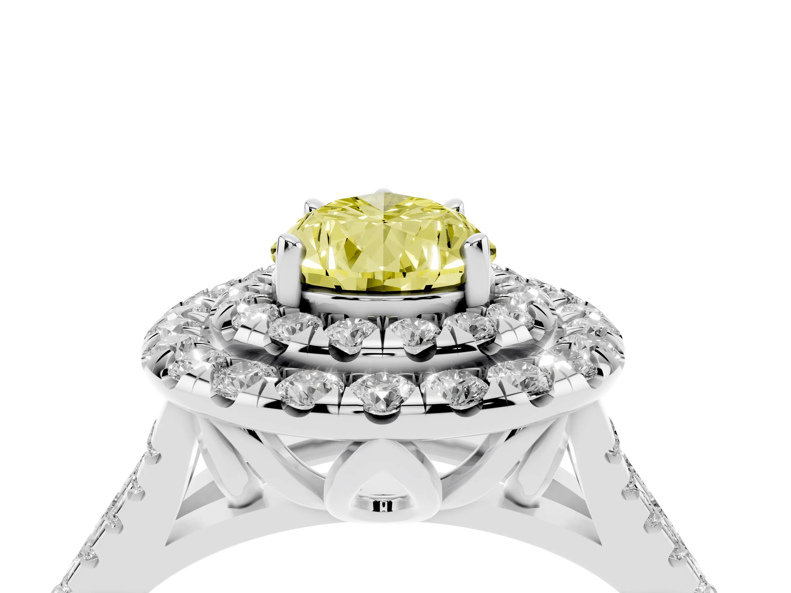 Fancy Yellow Pear Cut Diamond Double Halo Ring Set in White gold with Pavé Split Shank and Prong Setting