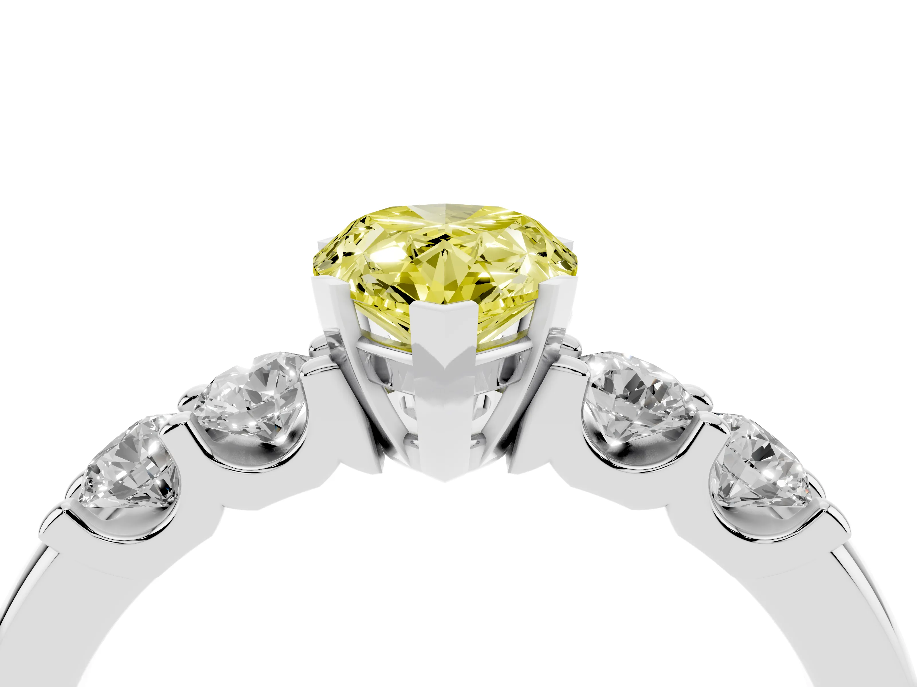 Fancy Yellow Pear Cut Diamond Five-Stone Prong Set Engagement Ring Set in Platinum with Channel Band