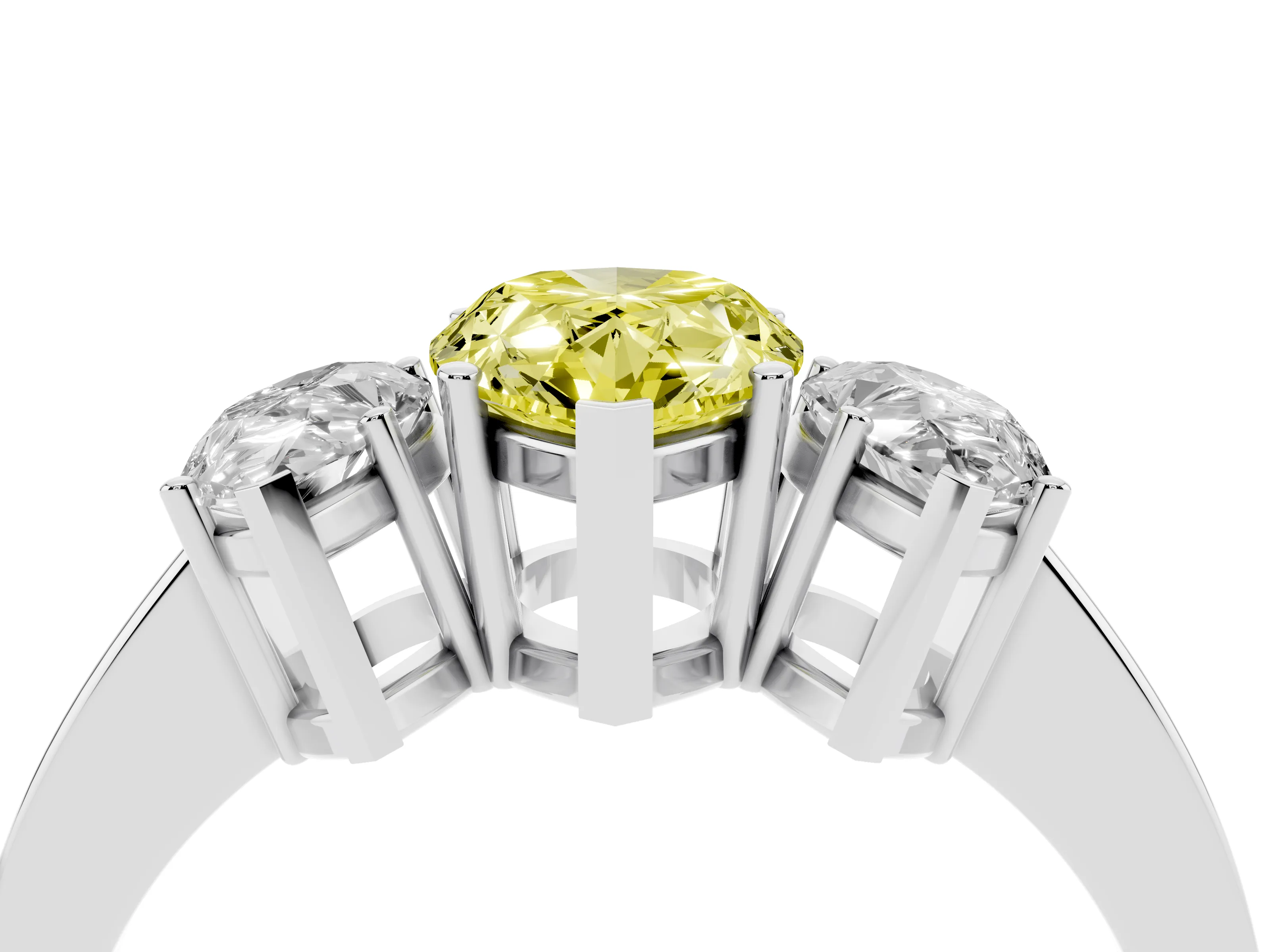 Fancy Yellow Pear Cut Diamond Three-Stone Engagement Ring Set in White gold with Flat Band
