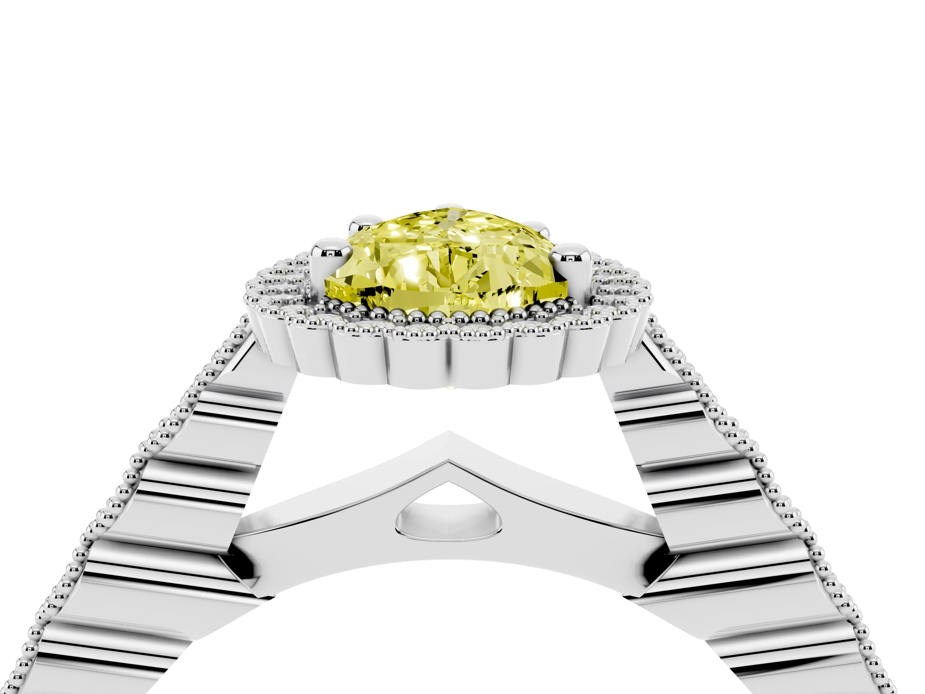 Fancy Yellow Pear Cut Diamond Halo Ring Set in Platinum with Pavé Milgrain Band