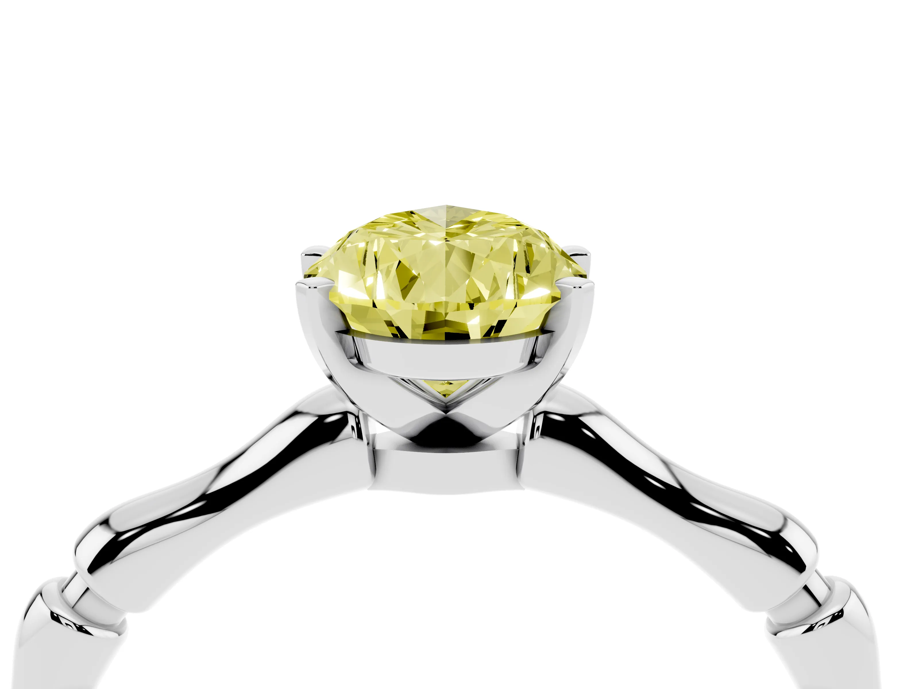 Fancy Yellow Pear Cut Diamond Solitaire Ring Set in Platinum with Bamboo Band and Prong Setting