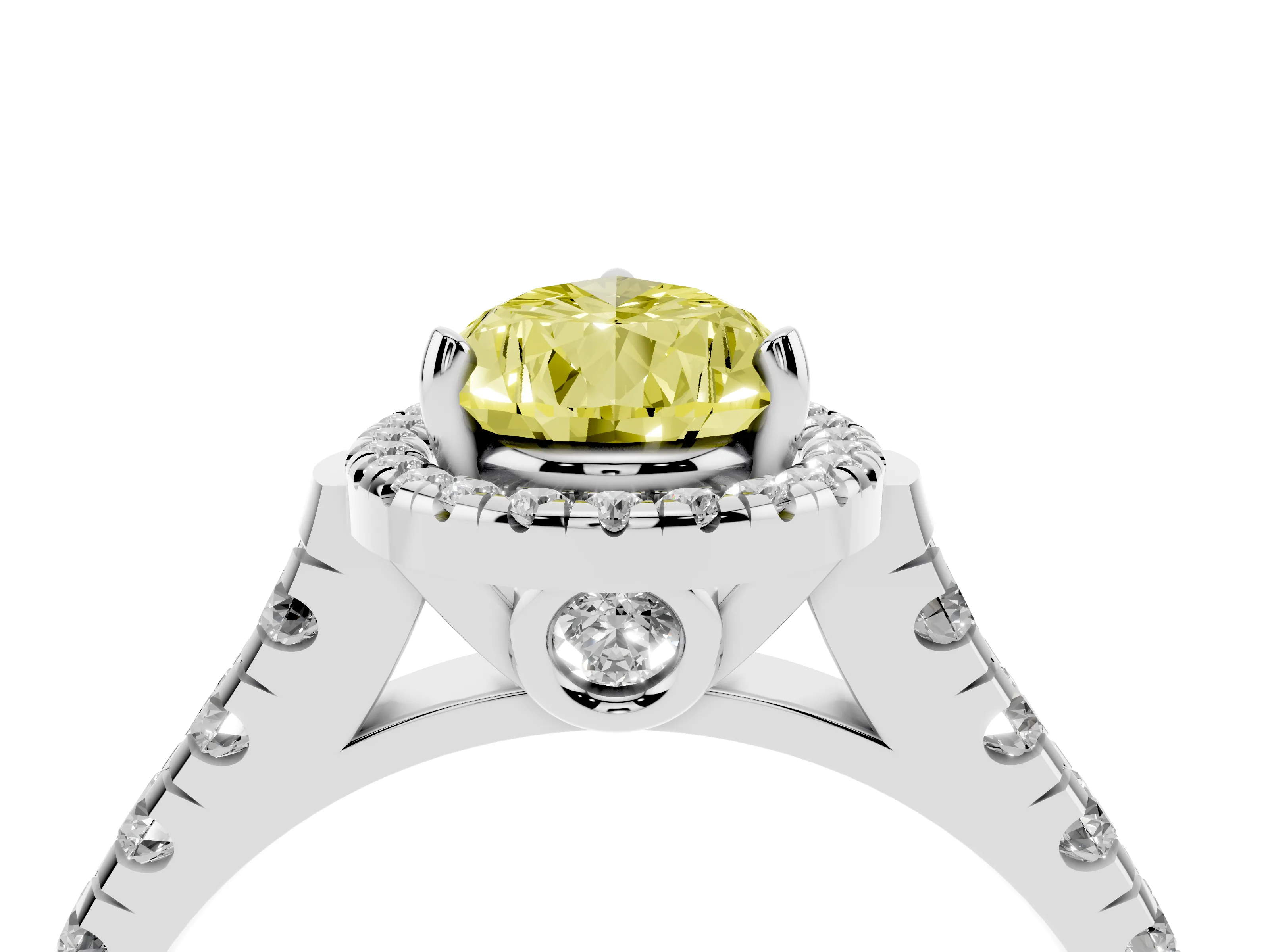 Fancy Yellow Pear Cut Diamond Halo Engagement Ring Set in Platinum with Pavé Band and Prong-Set Center