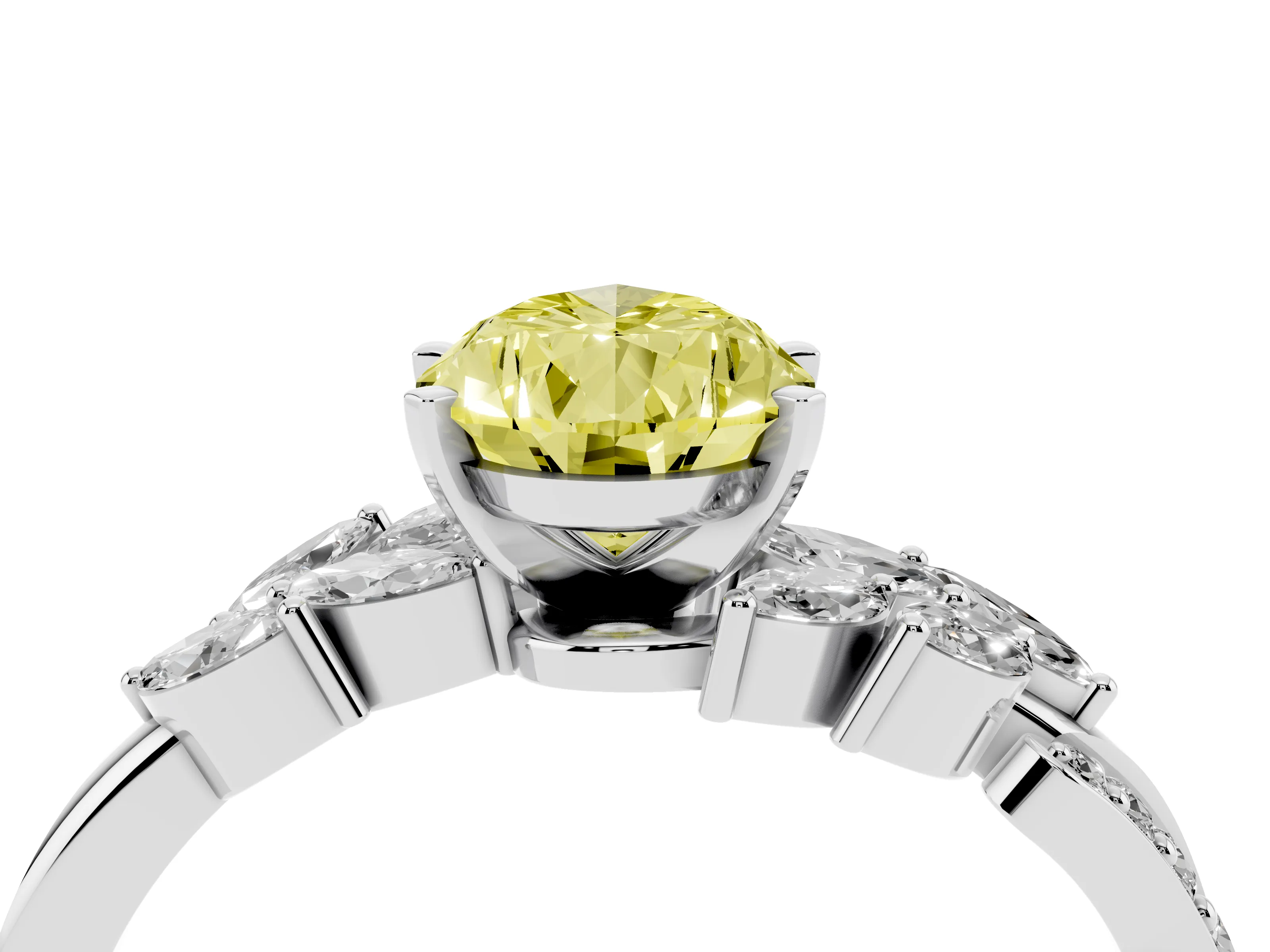 Fancy Yellow Pear Cut Diamond Solitaire Ring Set in Platinum with Marquise Twist Band and Prong Setting