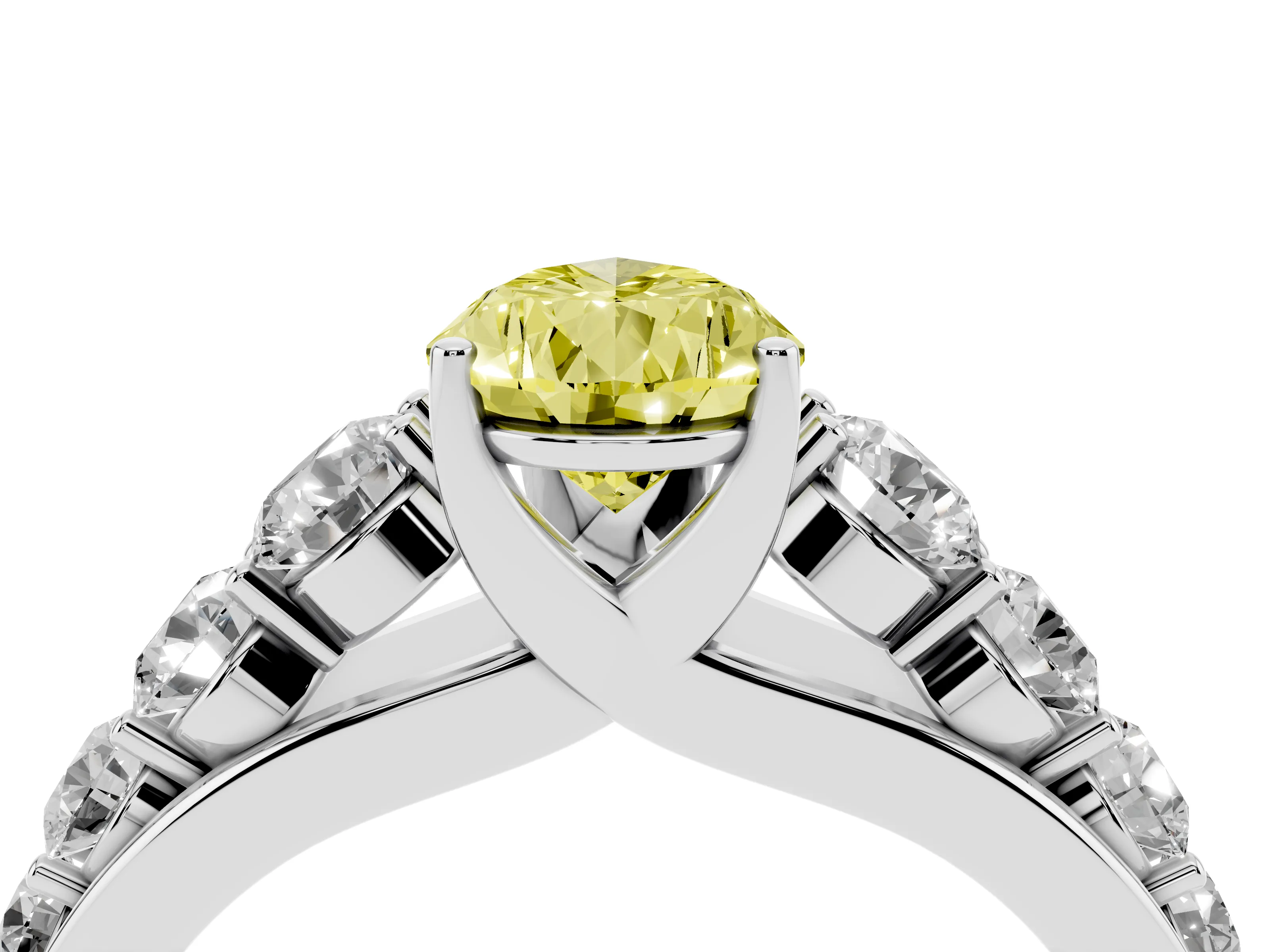 Fancy Yellow Pear Cut Diamond Solitaire Ring Set in Silver with Pavé-Set Band and Prong Setting