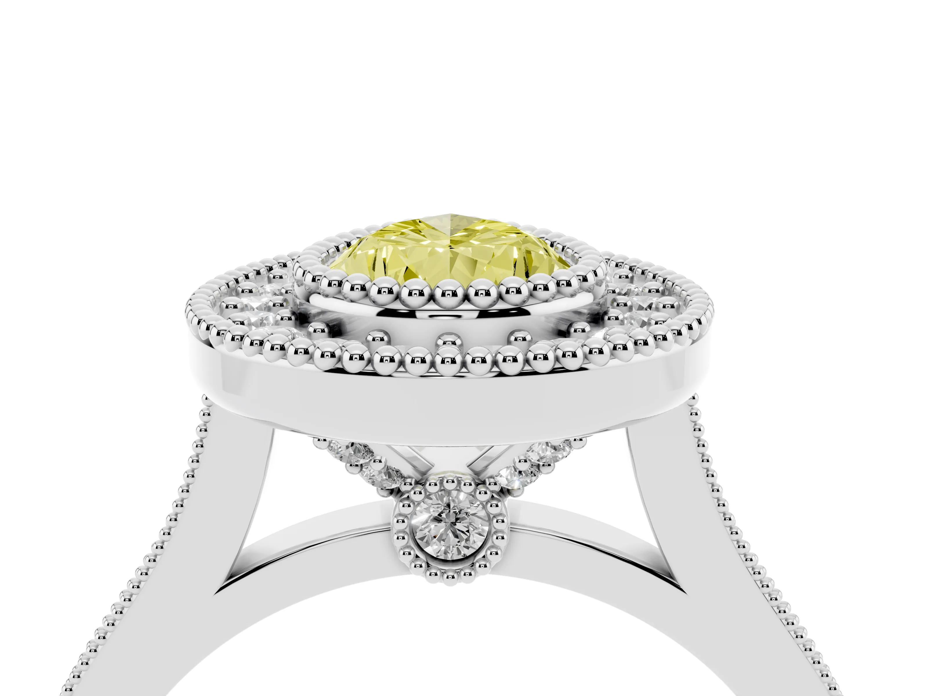 Fancy Yellow Pear Cut Diamond Halo Ring Set in White gold with Milgrain Frame and Pavé Band