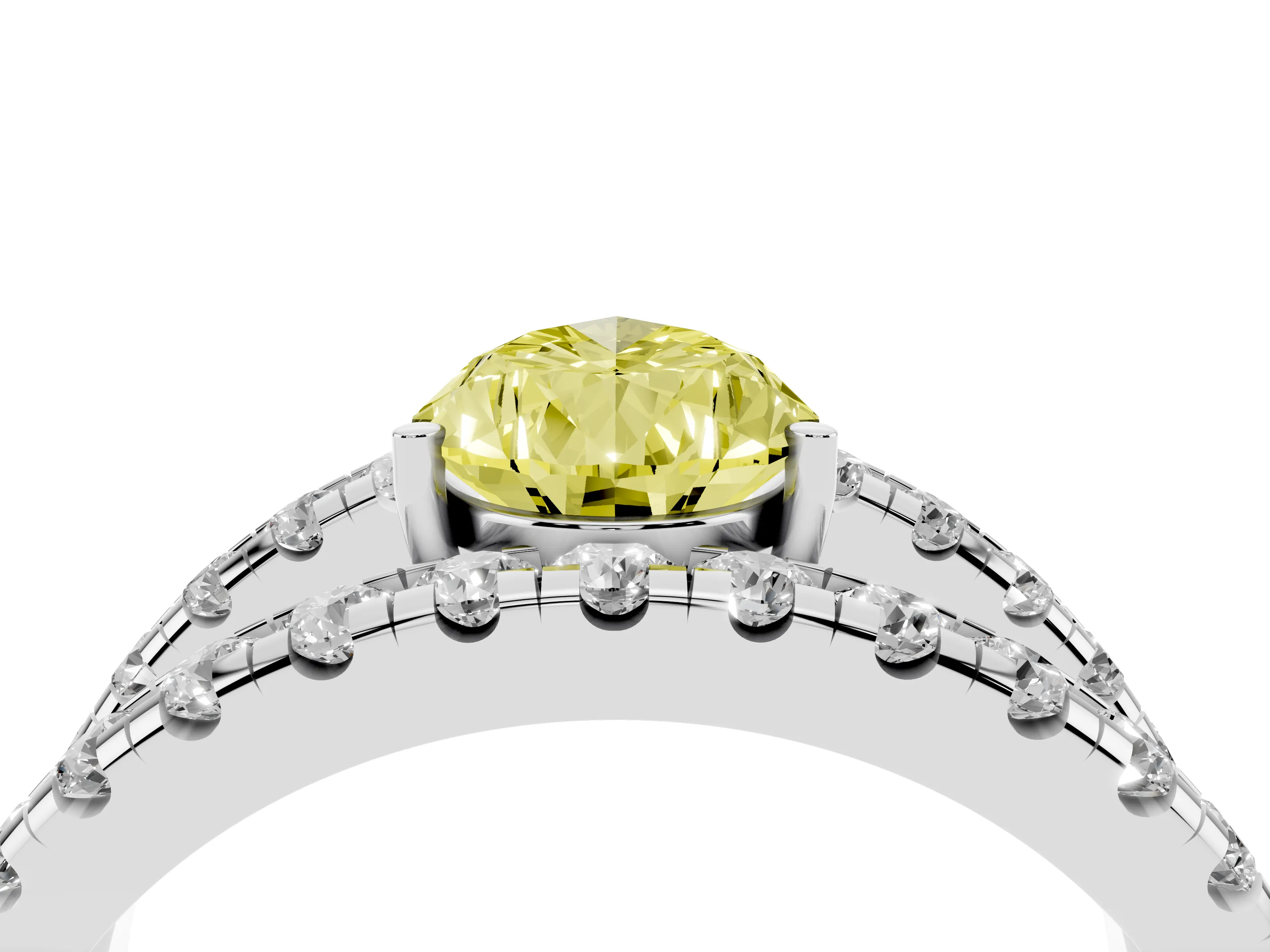 Fancy Yellow Pear Cut Diamond Split Shank Pavé Solitaire Ring Set in Silver with Open Shank Design