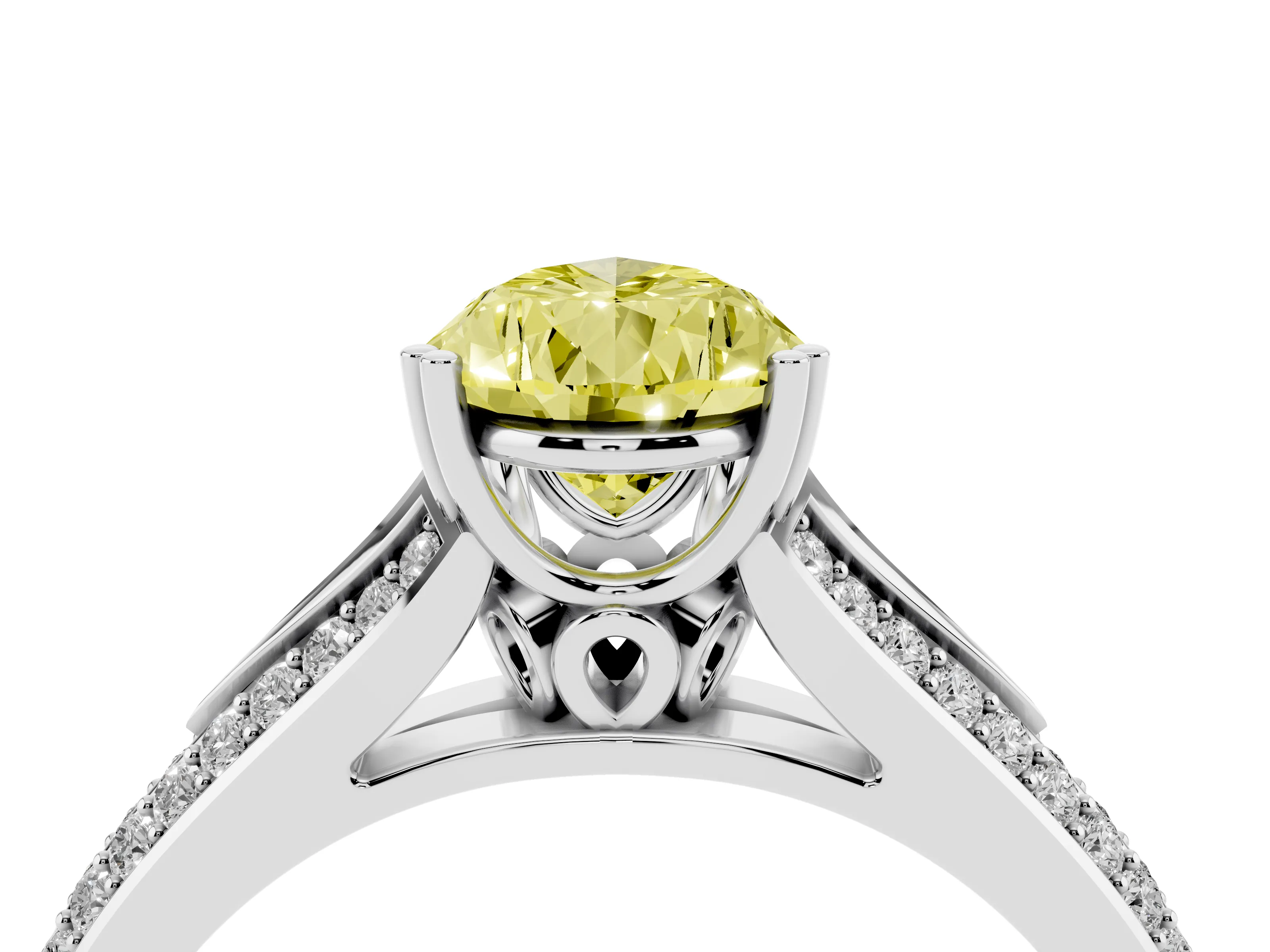 Fancy Yellow Pear Cut Diamond Split Shank Pavé Engagement Ring Set in Silver with Prong-Set Center Stone