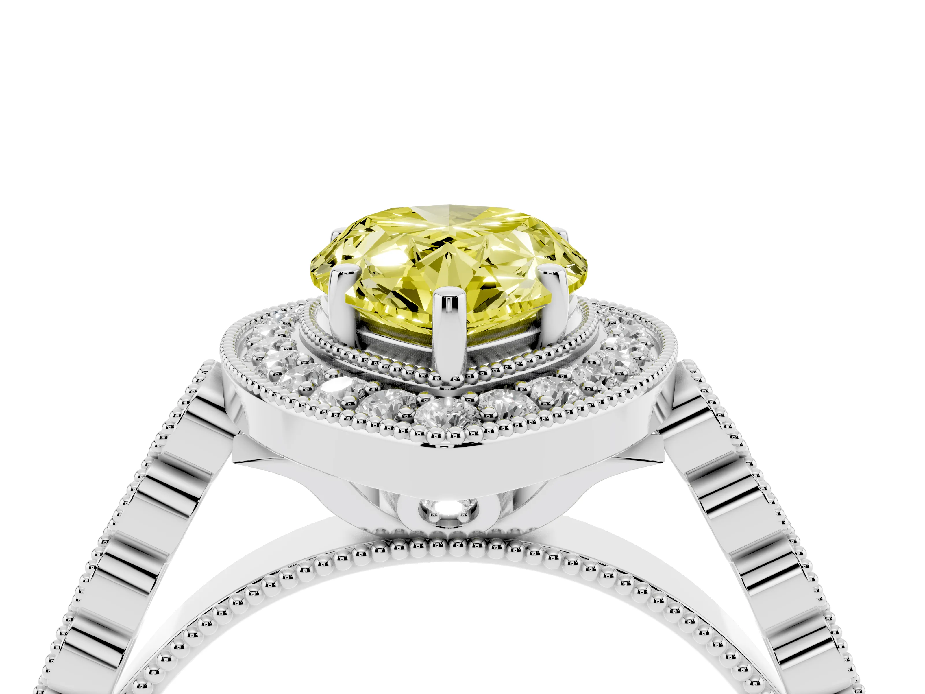 Fancy Yellow Pear Cut Diamond Milgrain Halo Solitaire Ring Set in Silver with Bezel Set Side Stones and Pavé Band