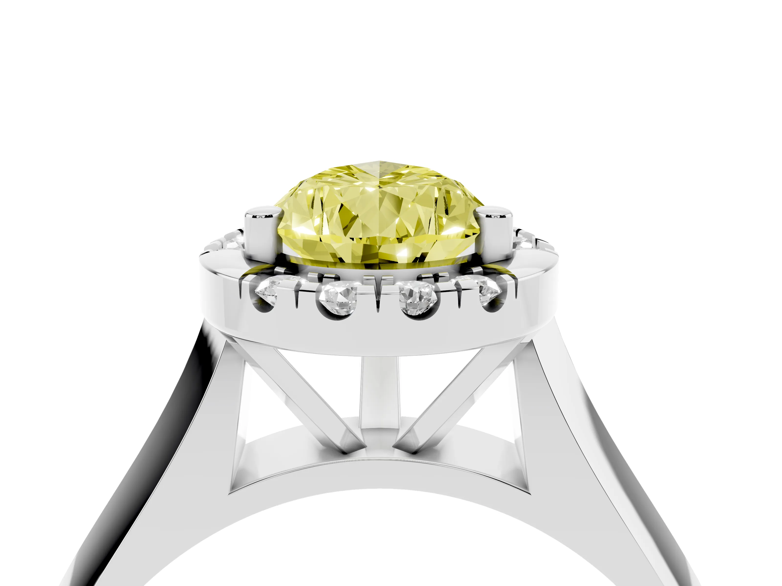 Fancy Yellow Pear Cut Diamond Halo Solitaire Engagement Ring Set in Platinum with Square Band and Prong Setting