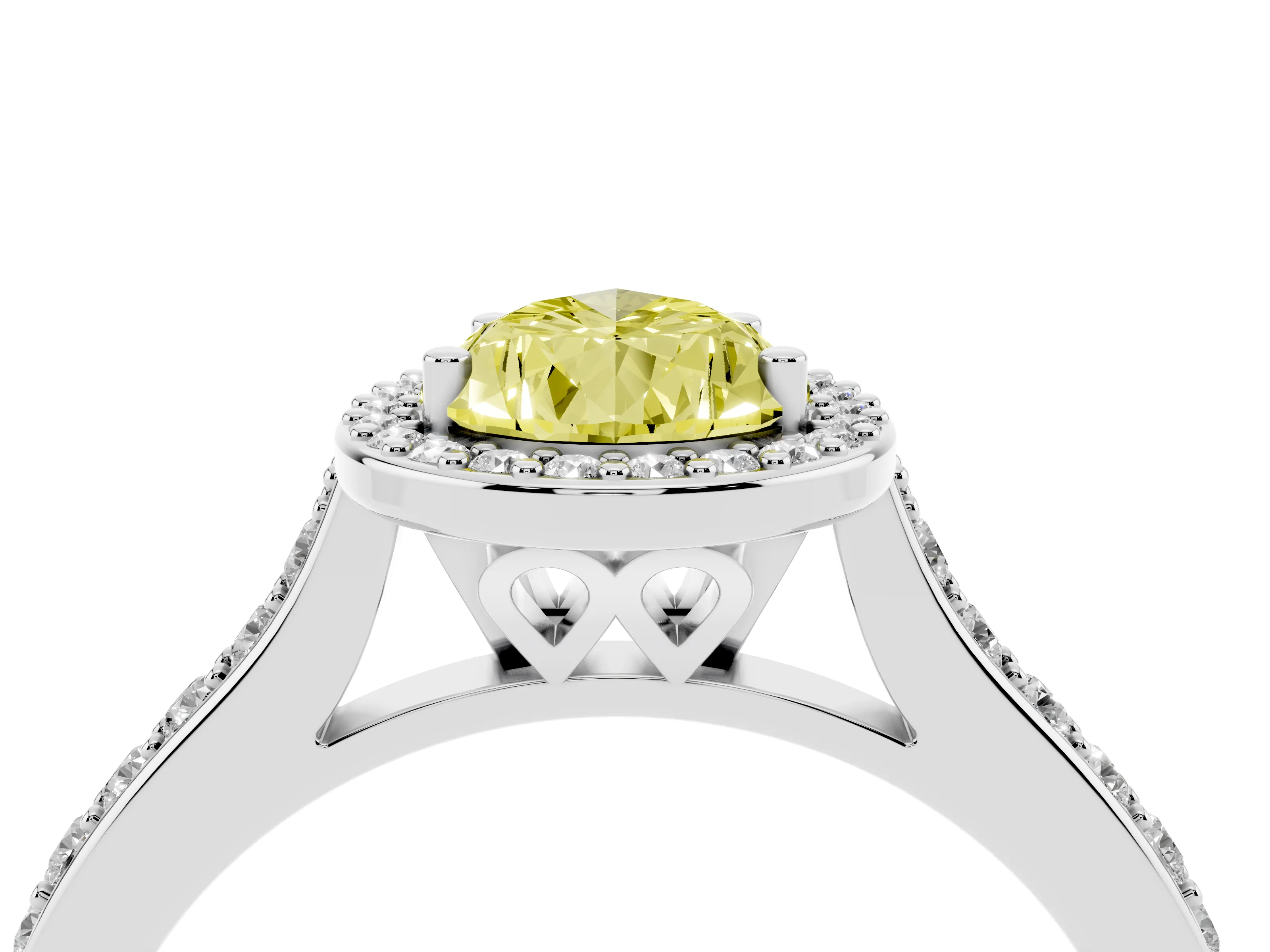 Fancy Yellow Pear Cut Diamond Halo Engagement Ring Set in White gold with Round Pavé Shoulders and Heart Gallery