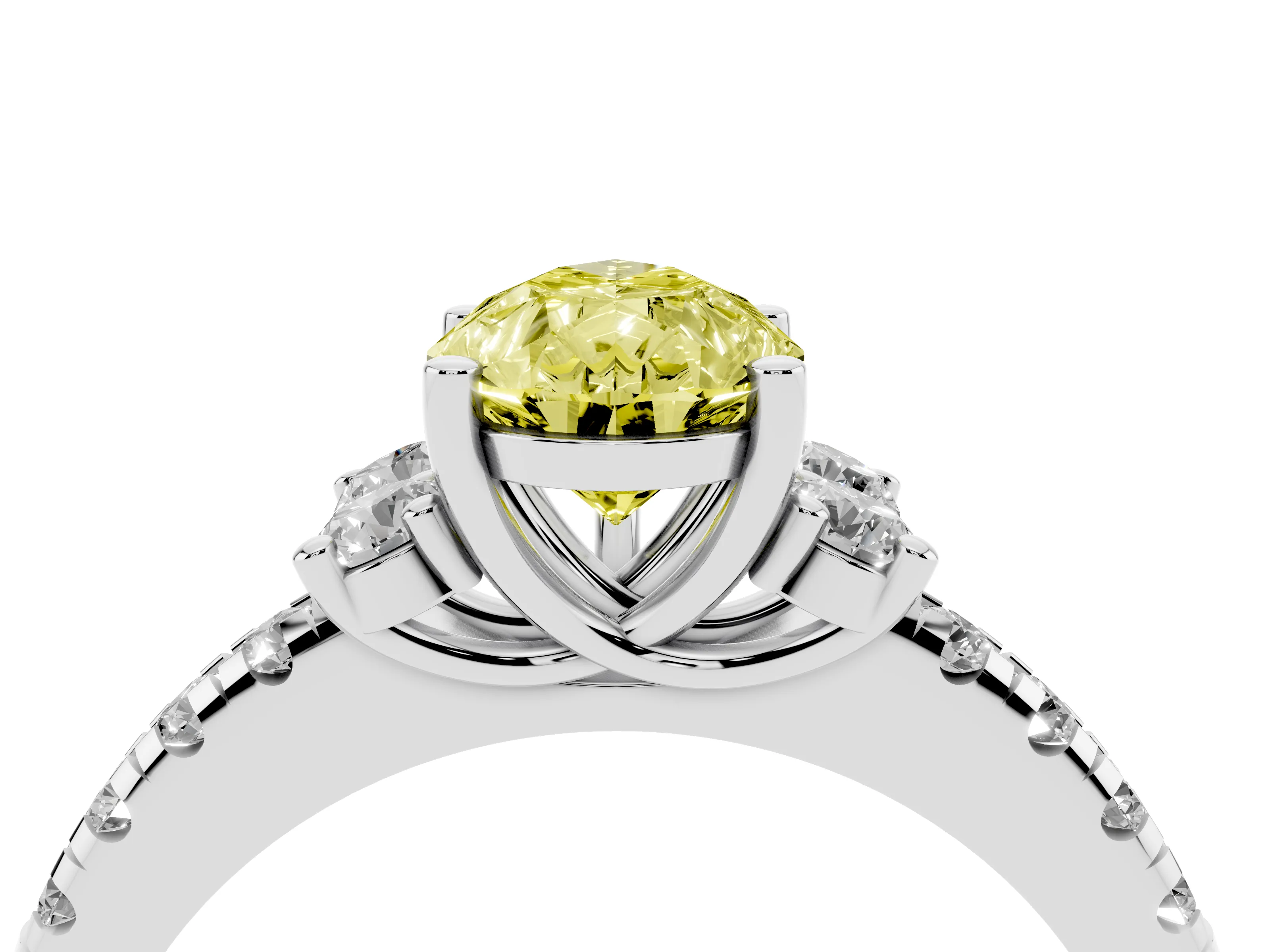 Fancy Yellow Pear Cut Diamond Three-Stone Pavé Ring Set in White gold with Prong Setting