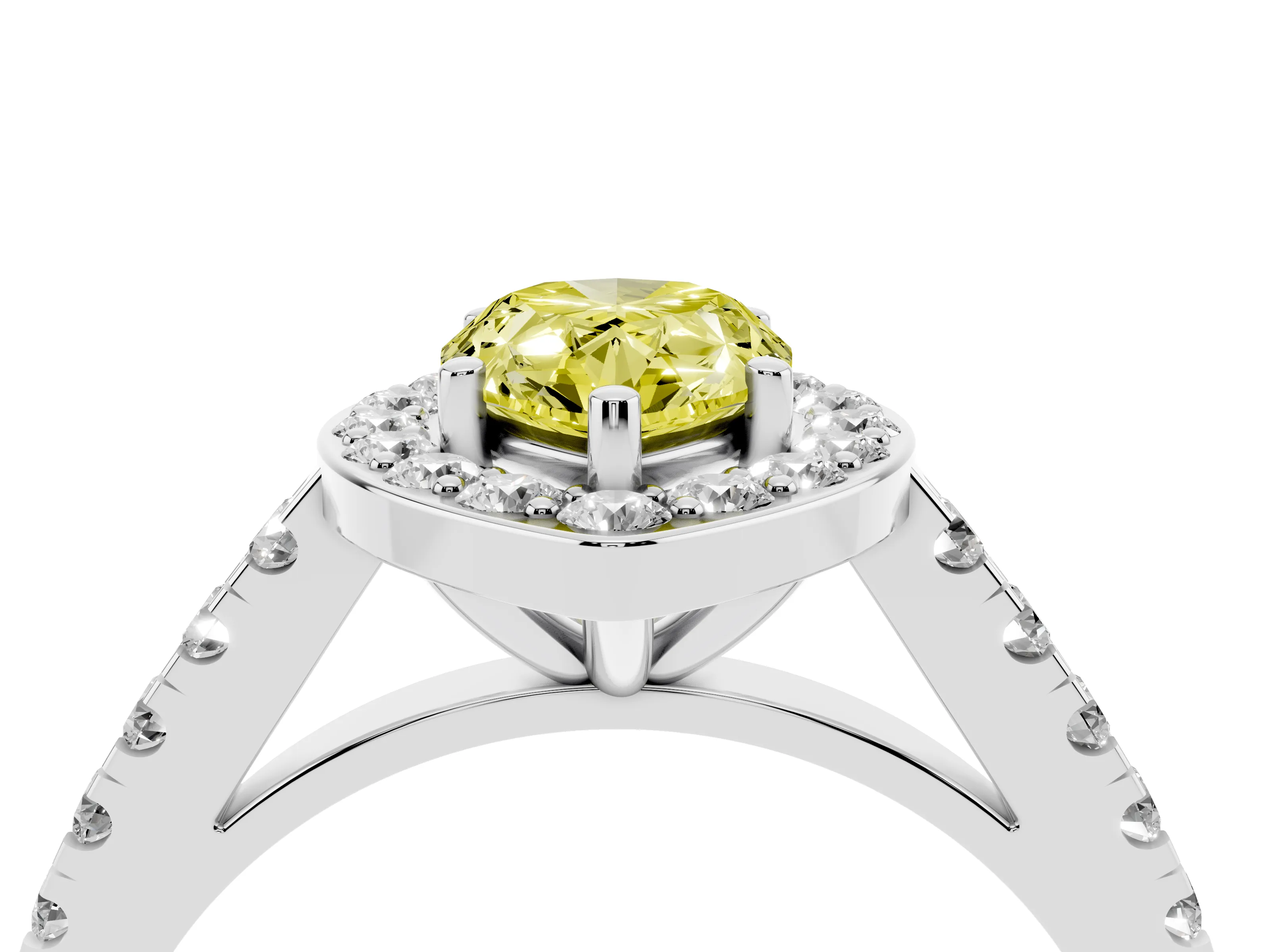 Fancy Yellow Pear Cut Diamond Halo Ring Set in Silver with Round Pavé Split Shank and Prong Setting