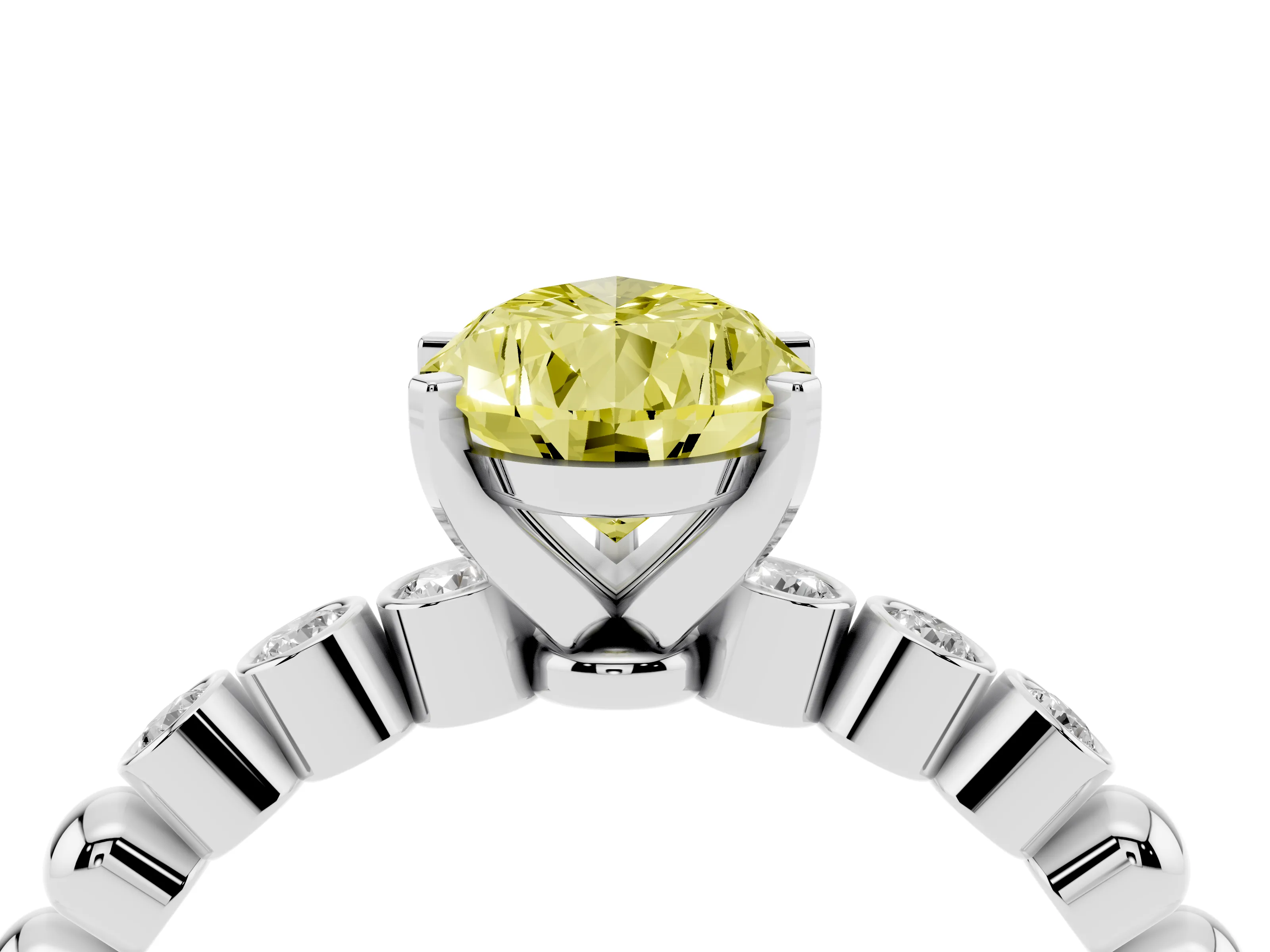 Fancy Yellow Pear Cut Diamond Solitaire Engagement Ring Set in Silver with Bezel Accents on Beaded Band