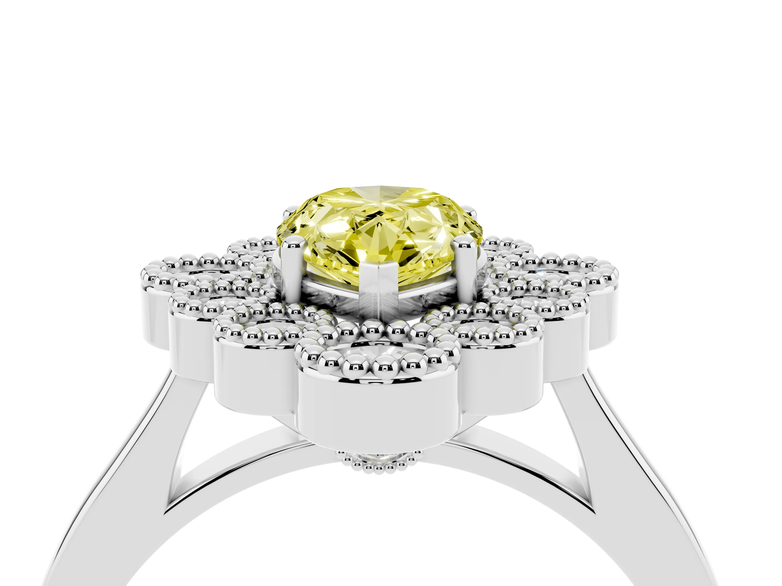 Fancy Yellow Pear Cut Diamond Cluster Halo Ring Set in White gold with Milgrain Bezel Accents and Plain Band