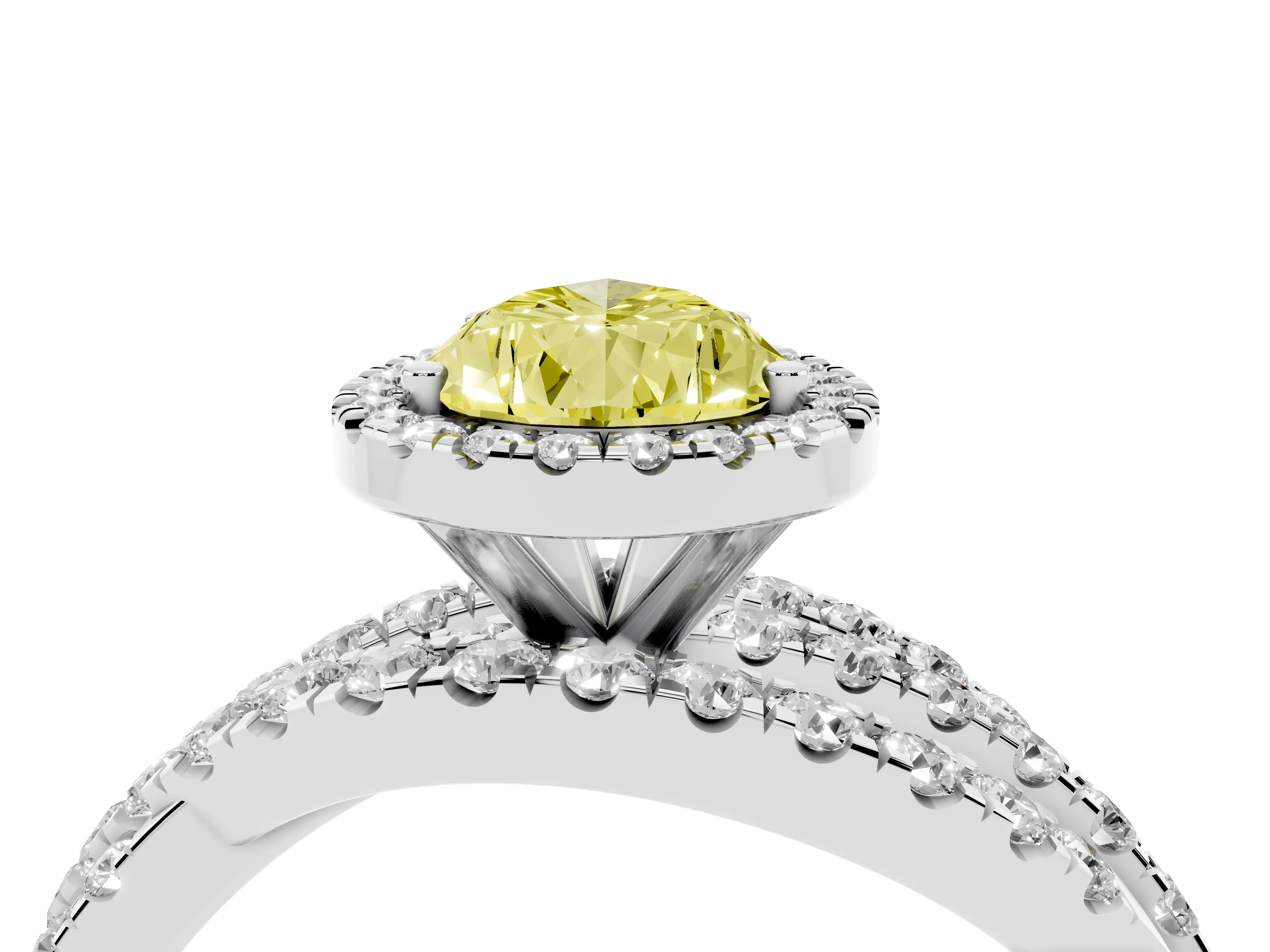 Fancy Yellow Pear Cut Diamond Halo Ring Set in Silver with Round Crossover Split Shank and Prong Setting