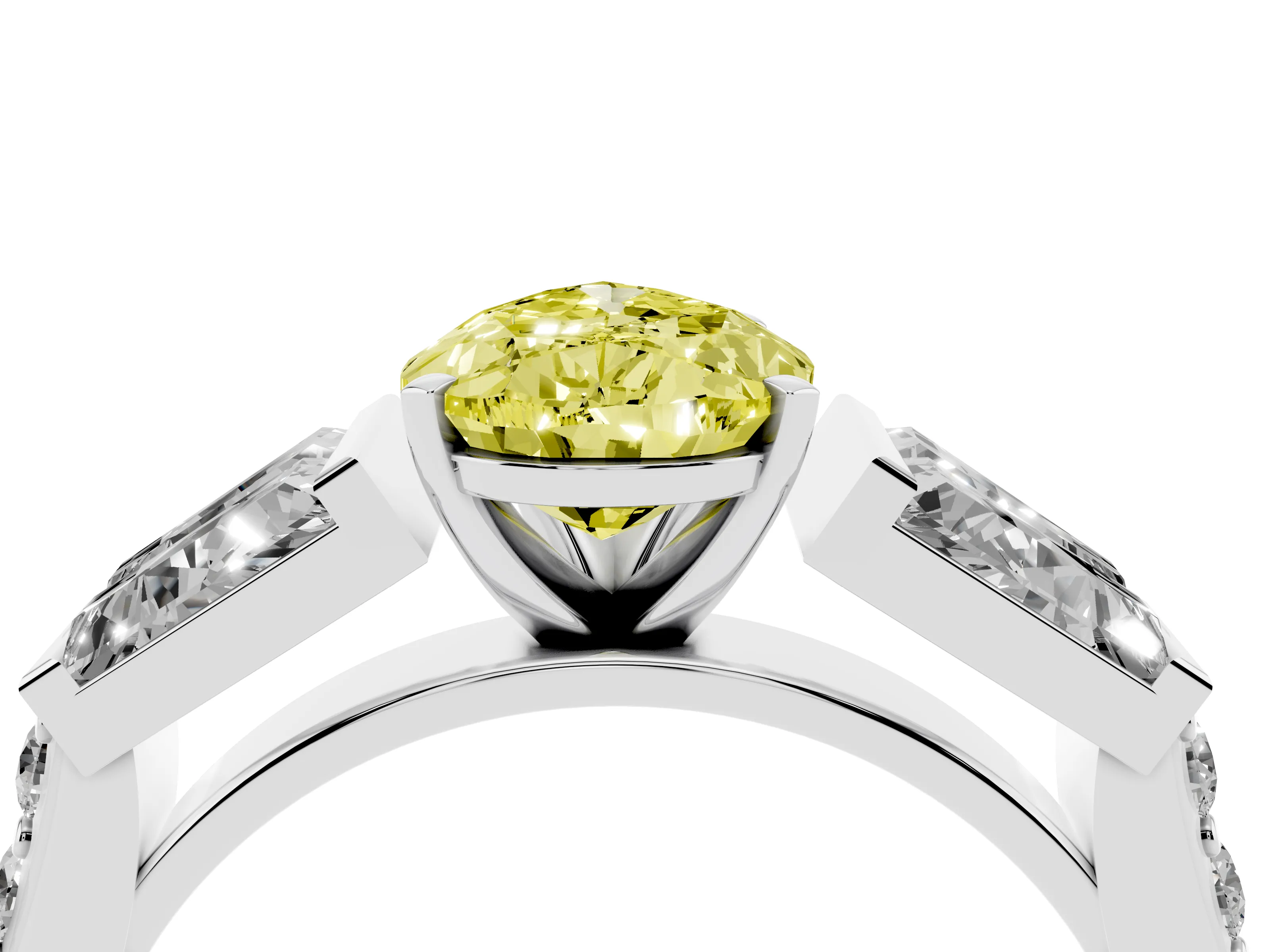 Fancy Yellow Pear Cut Diamond Engagement Ring Set in White gold with Baguette Side Stones and Channel Set Band