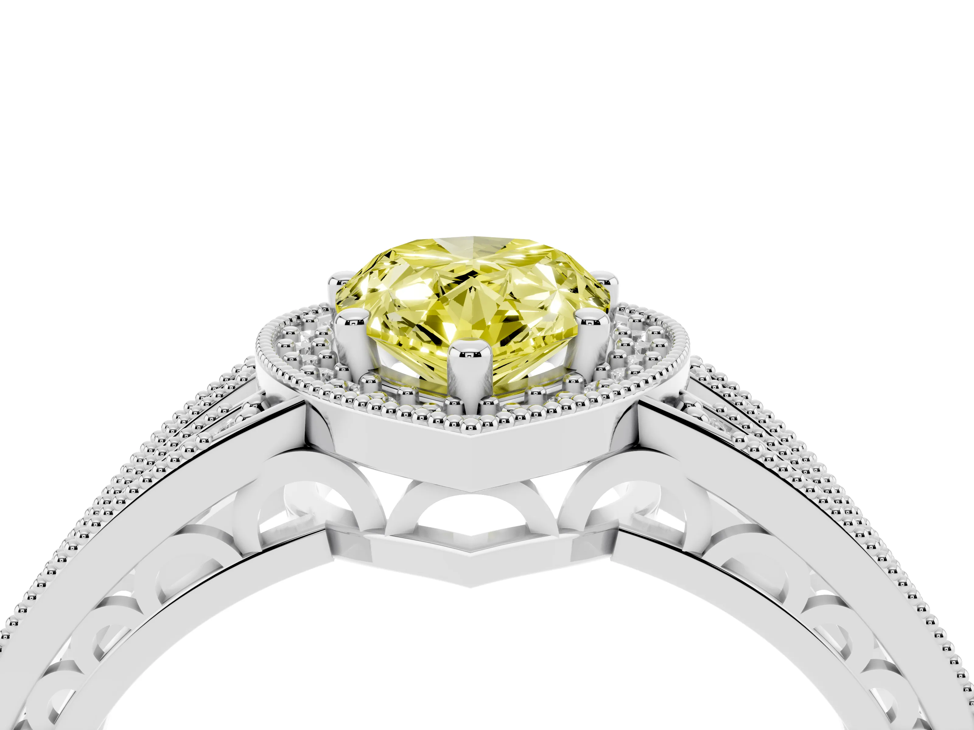 Fancy Yellow Pear Cut Diamond Halo Ring Set in Platinum with Accent Split Shank and Prong Setting