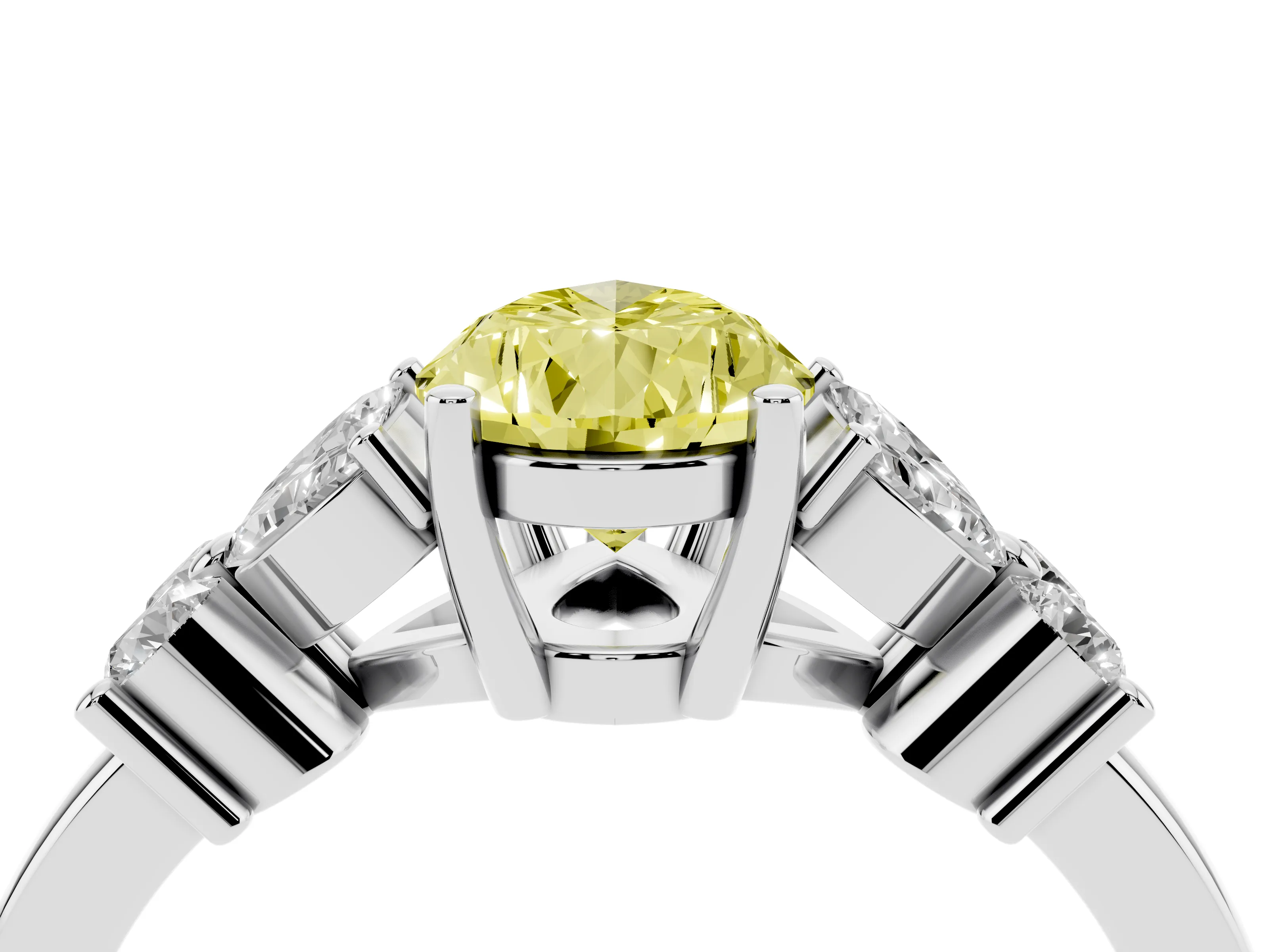Fancy Yellow Pear Cut Diamond Floral Cluster Ring Set in White gold with Marquise Petals and Prong Setting