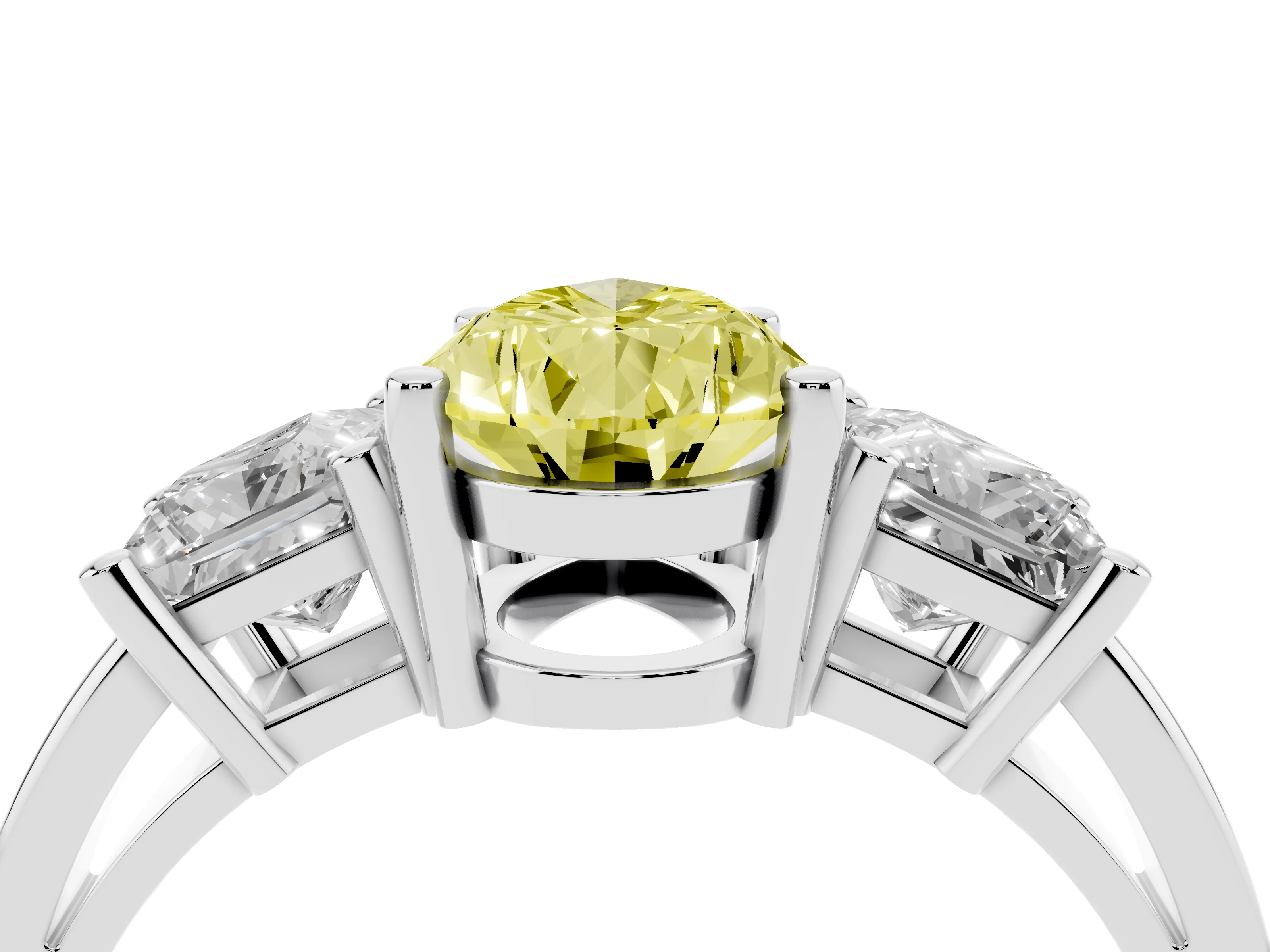 Fancy Yellow Three-Stone Pear Cut Diamond Solitaire Ring Set in Platinum with Prong Setting