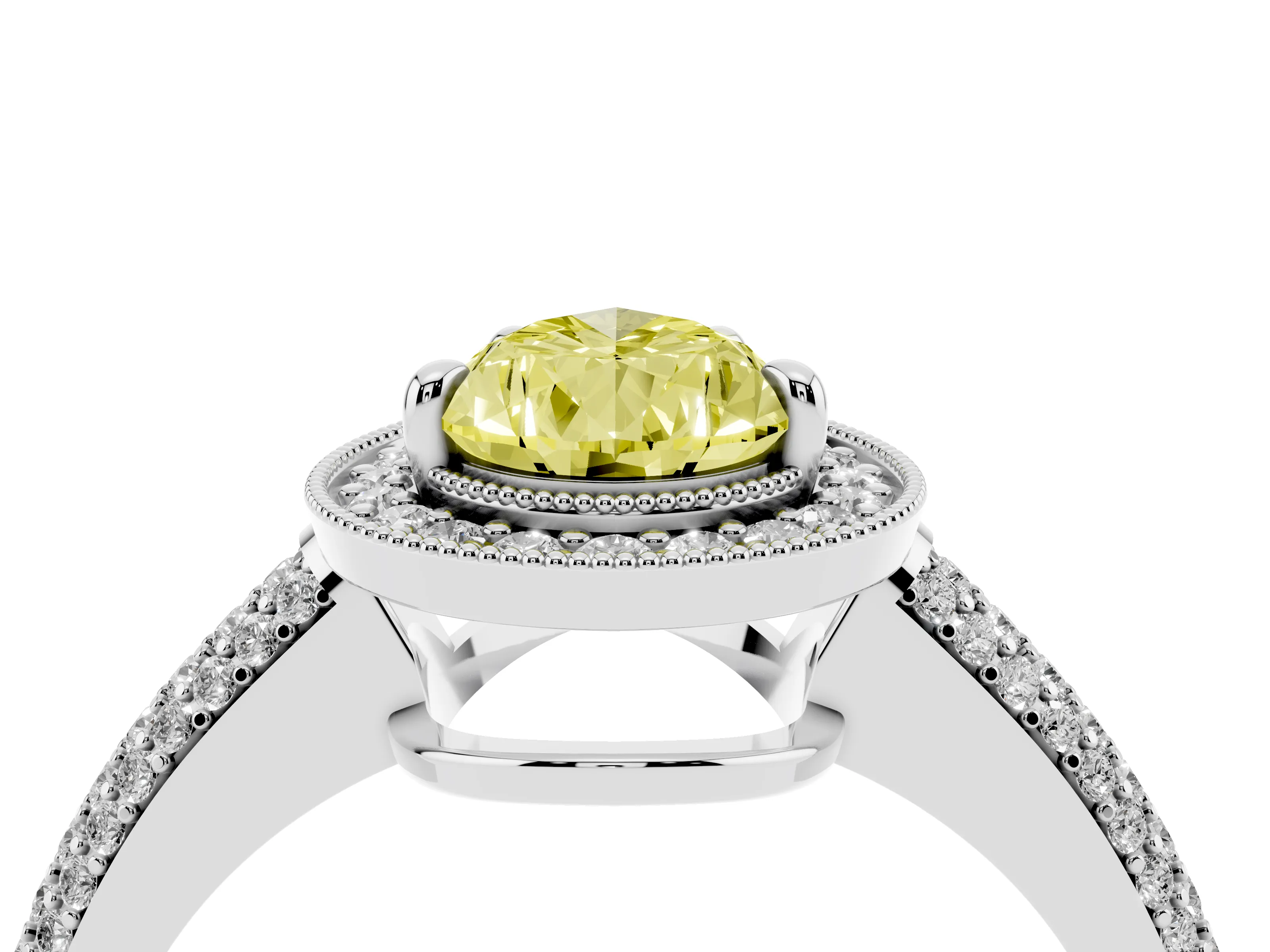 Fancy Yellow Pear Cut Diamond Halo Pavé Band Set in Platinum with Prong Setting