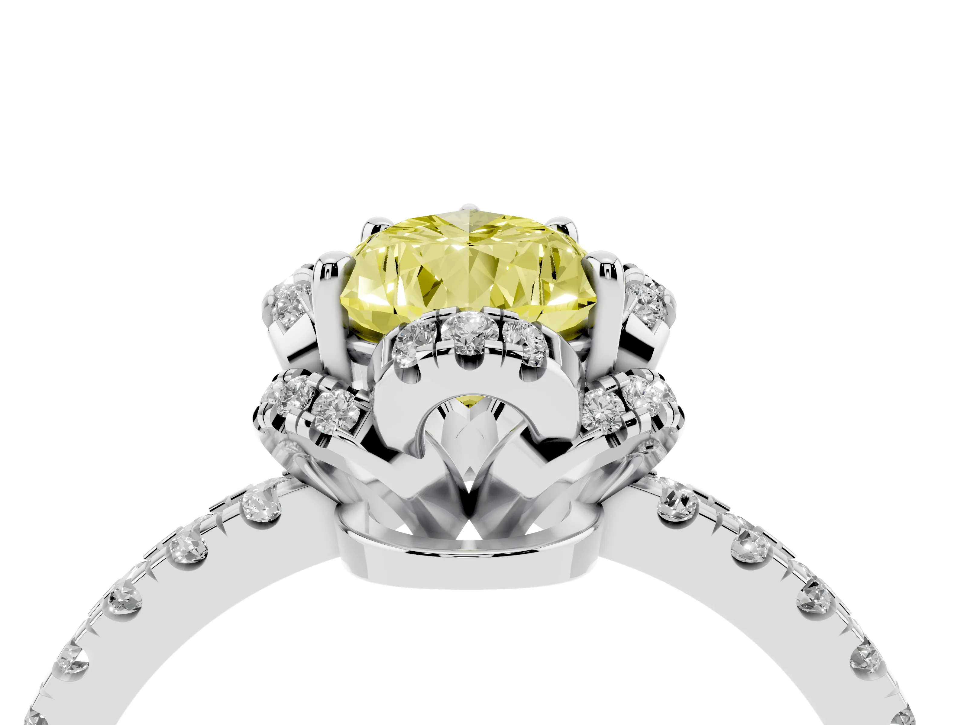 Fancy Yellow Pear Cut Diamond Halo Pavé Band Ring Set in Platinum with Prong-Held Center