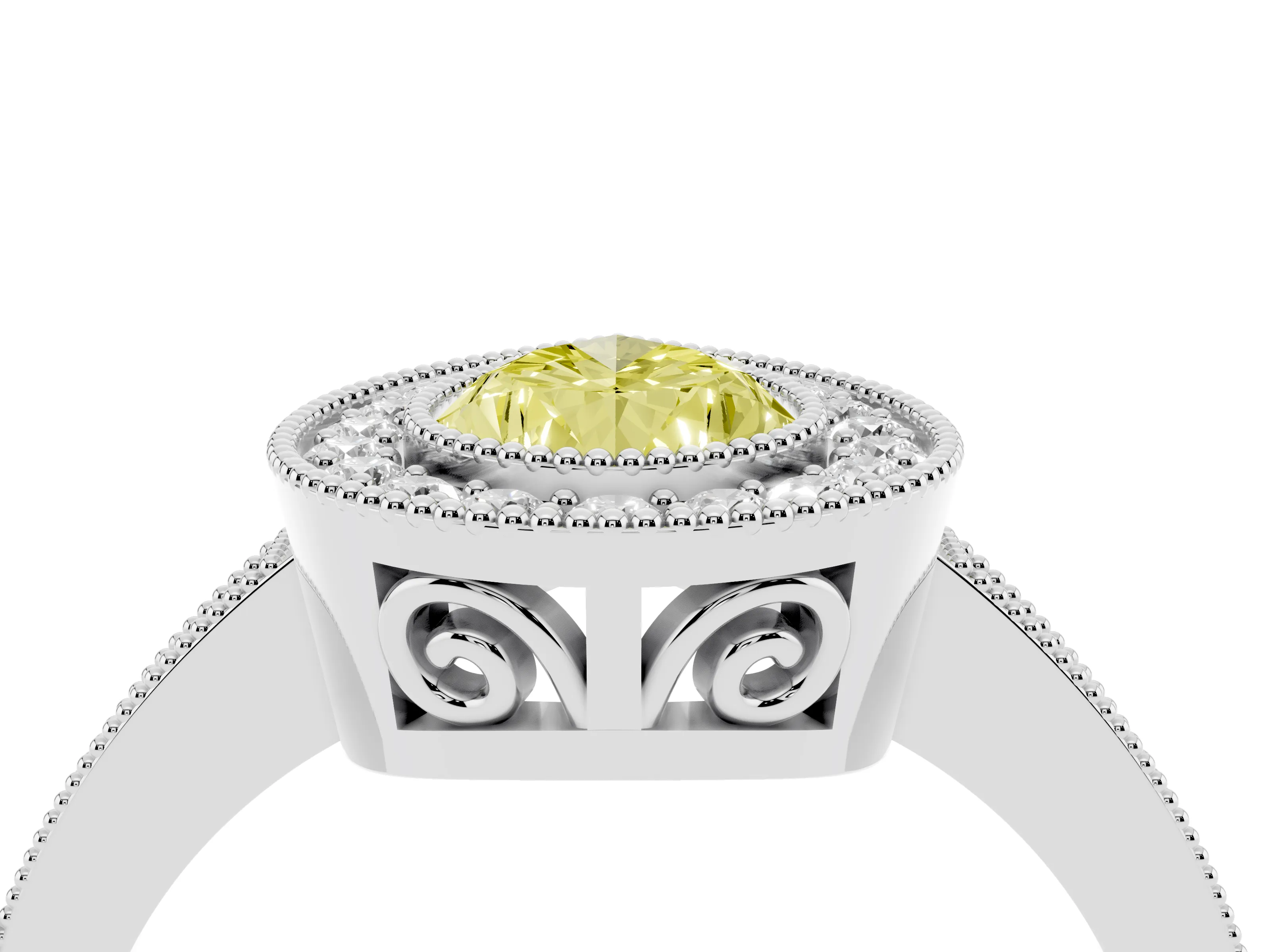 Fancy Yellow Pear Cut Diamond Round Halo Ring Set in White gold with Pavé Band