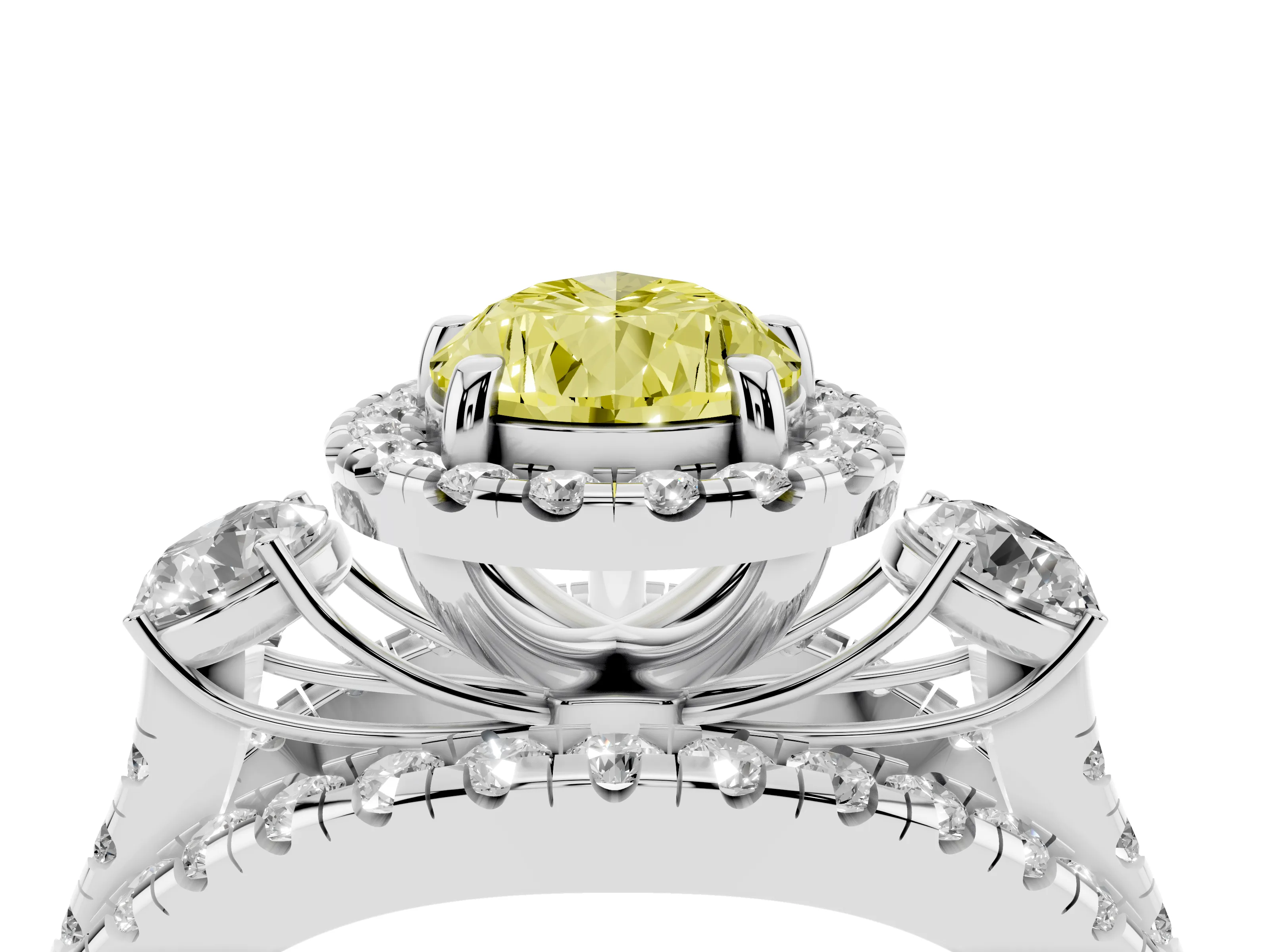 Fancy Yellow Pear Cut Diamond Halo Split Shank Ring Set in Silver with Round Accent Stones and Prong Setting