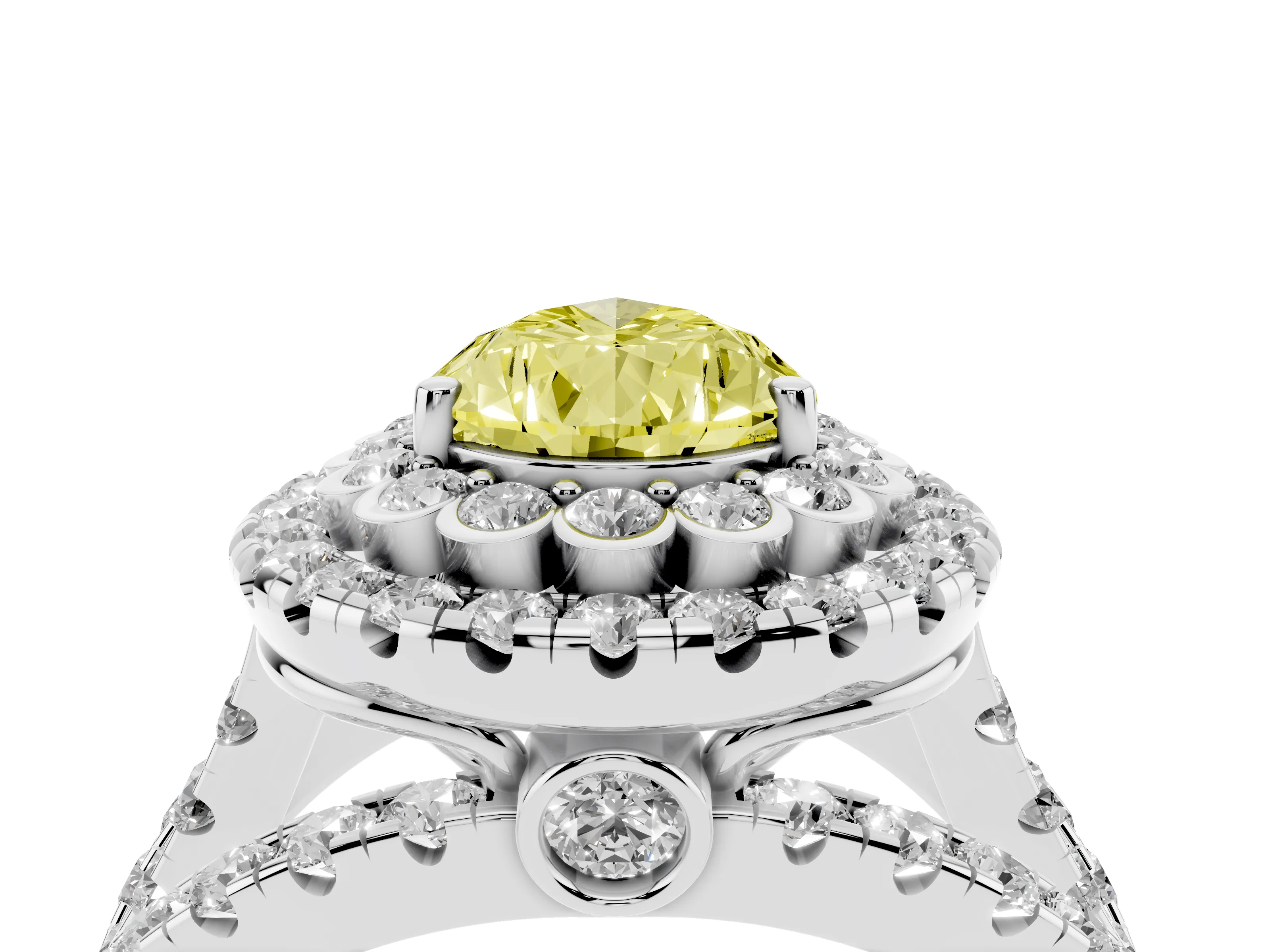 Fancy Yellow Pear Cut Diamond Double Halo Ring Set in Silver with Round Pavé Split Shank