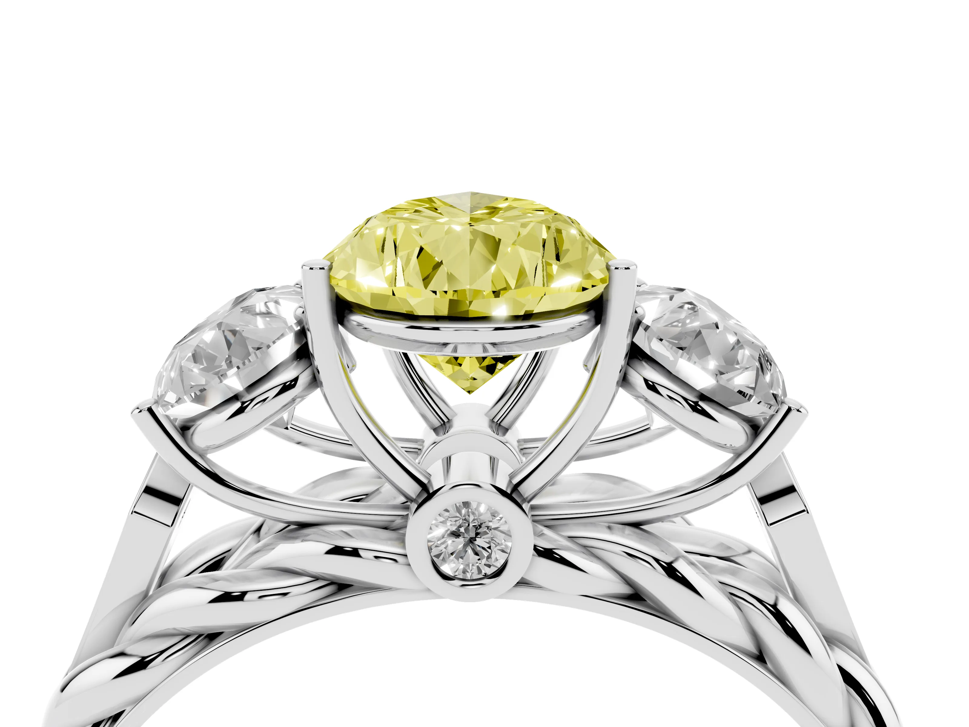 Fancy Yellow Pear Cut Diamond Three-Stone Ring Set in White gold with Braided Band