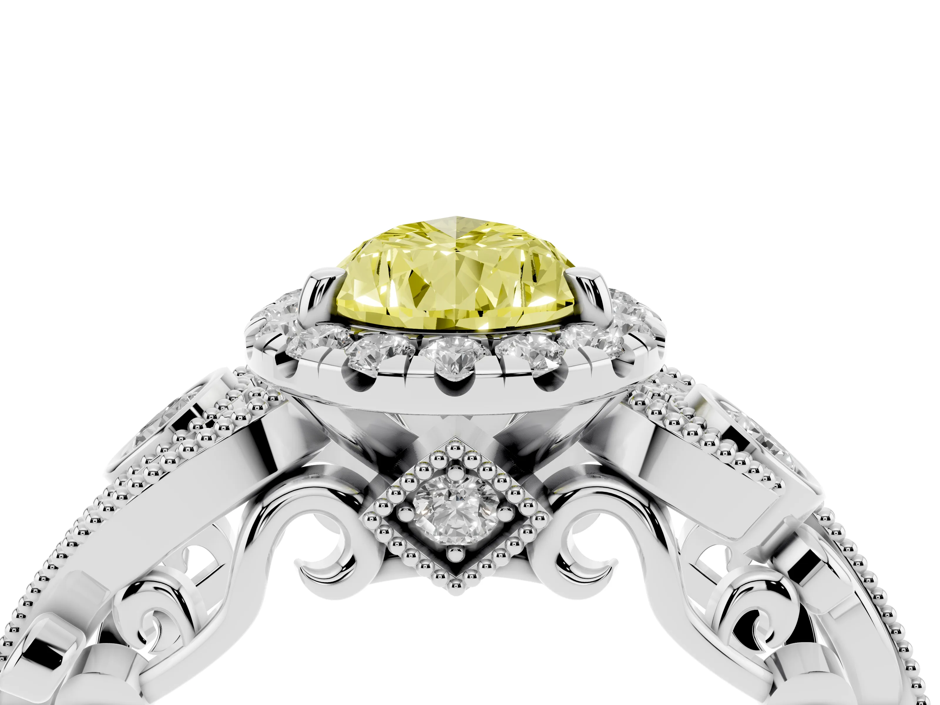 Fancy Yellow Pear Cut Diamond Halo Ring Set in Platinum with Milgrain Pavé Band and Prong Setting
