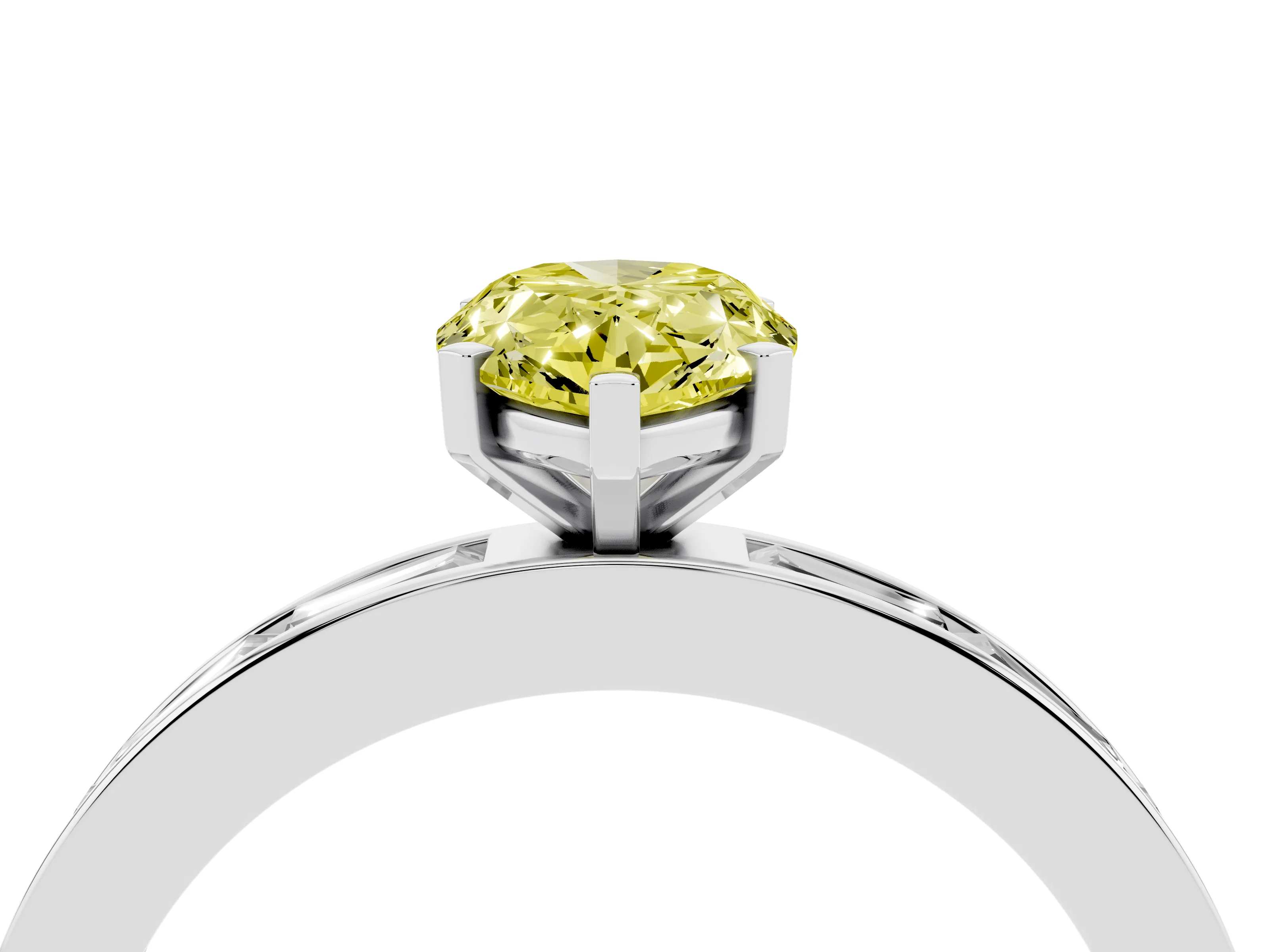 Fancy Yellow Pear Cut Diamond Solitaire Ring Set in Silver with Channel-Set Baguette Band and Prong Setting