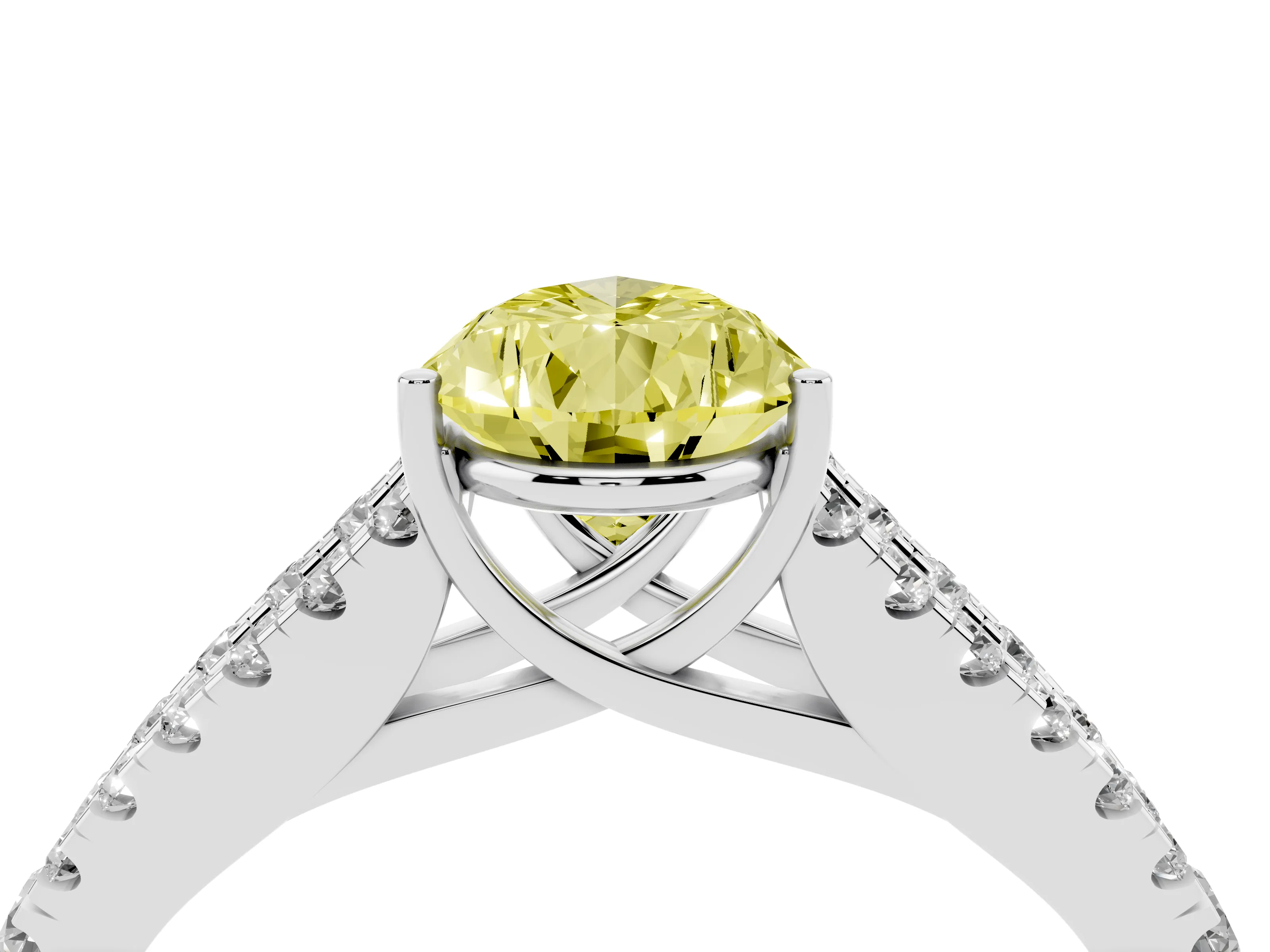 Fancy Yellow Pear Cut Diamond Split Shank Pavé Engagement Ring Set in Platinum with Prong-Held Center Stone